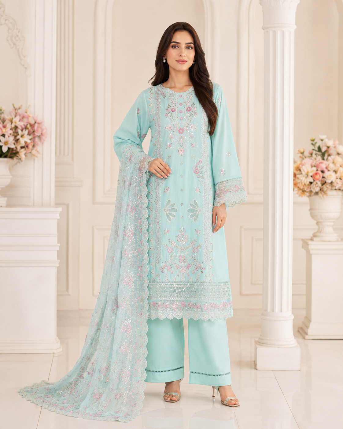 BSL-008 Bin Saeed Luxury Embroidered 3PC Suit - Pastel Aqua