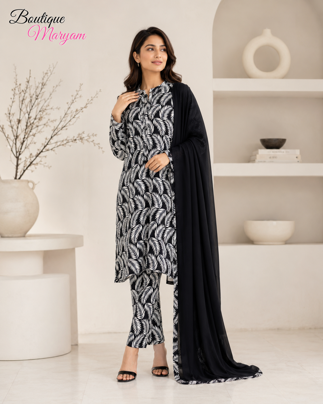 BM-LD-008 Black & White Linen Trouser Shirt & Chiffon Dupatta - 3 Piece
