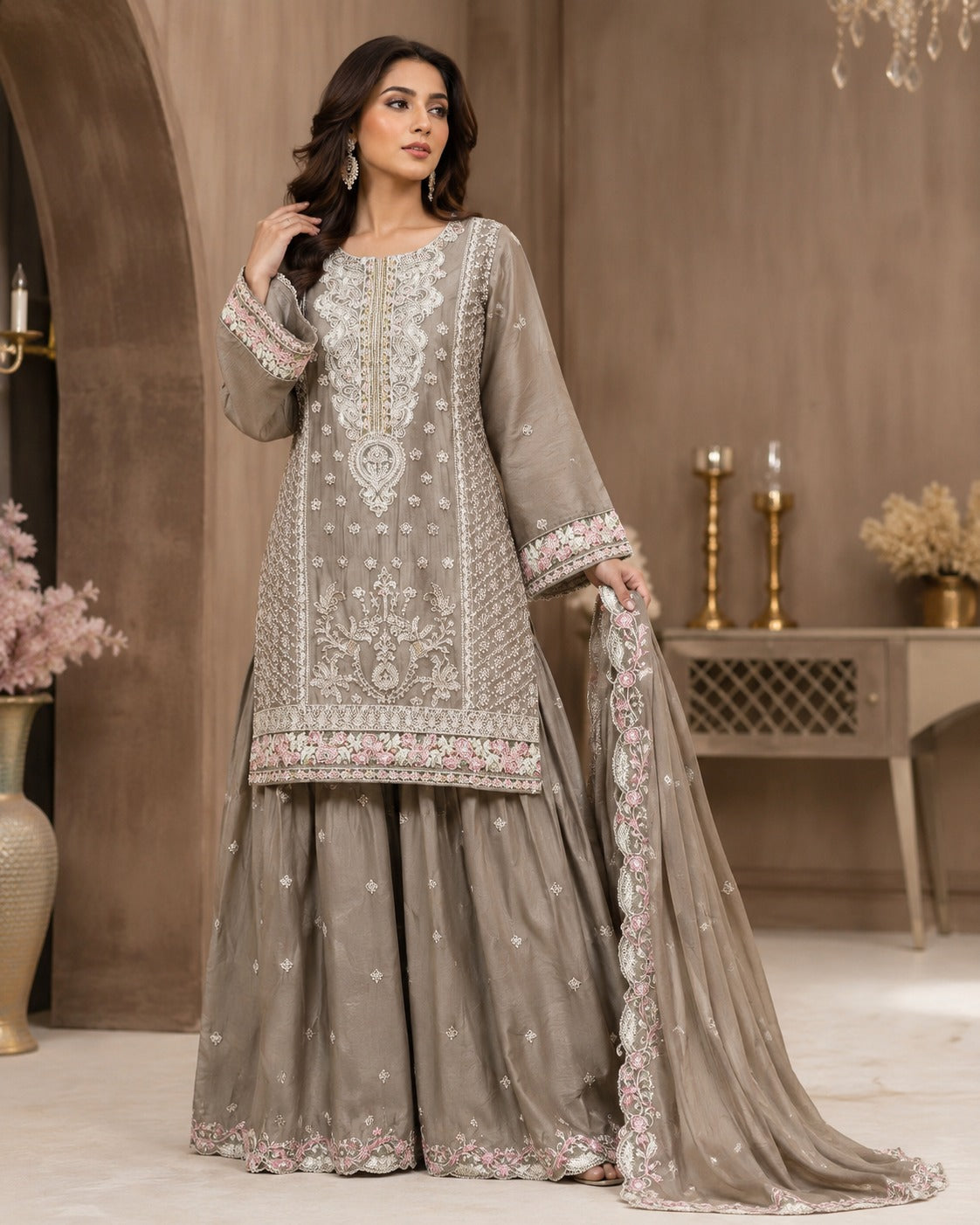 BM-CH-003 - Mocha Taupe - Floral Embroidered Chiffon Palazzo 3 Piece Suit