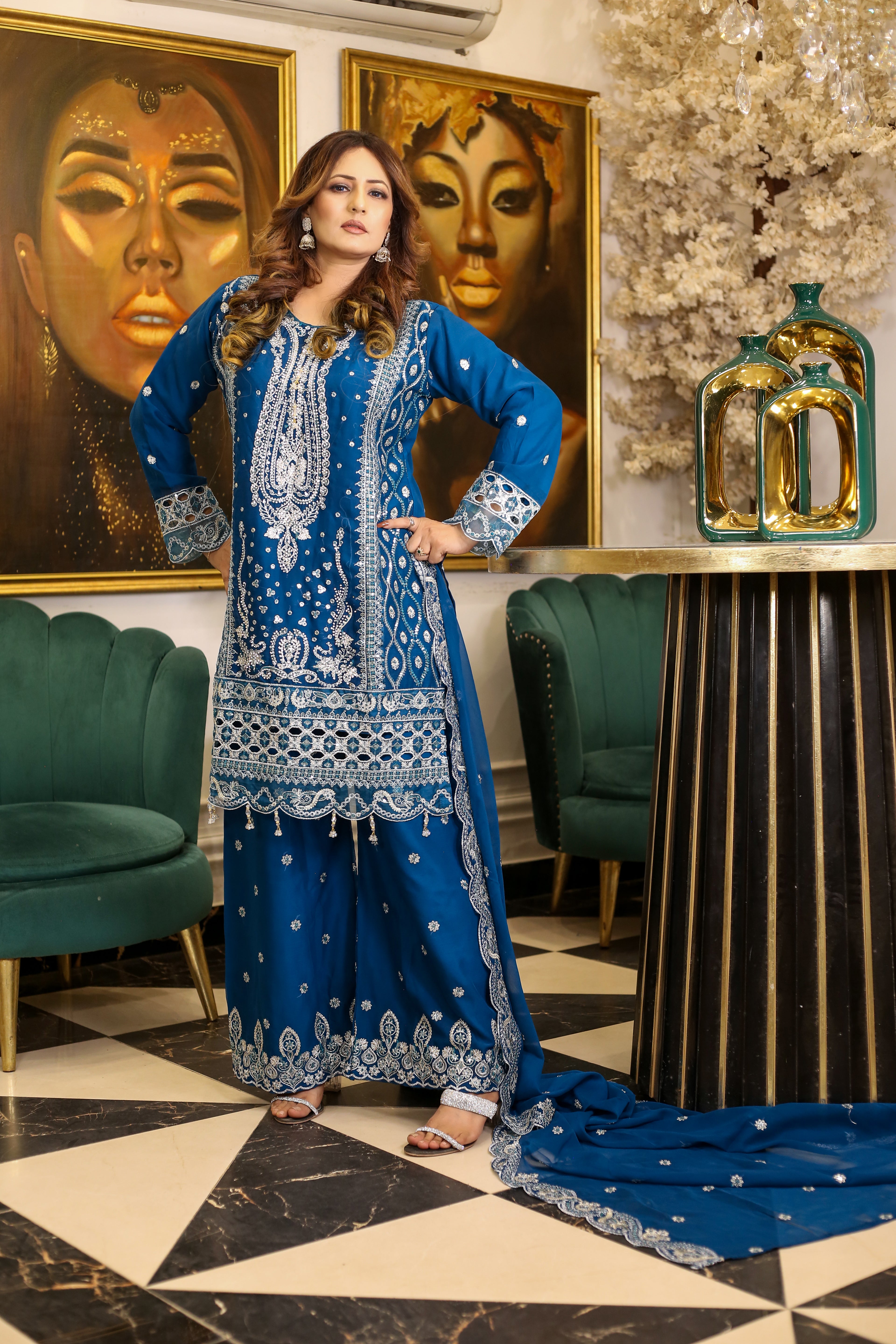 BF-004 Luxury Silver Zari & Stone Embroidered Suit