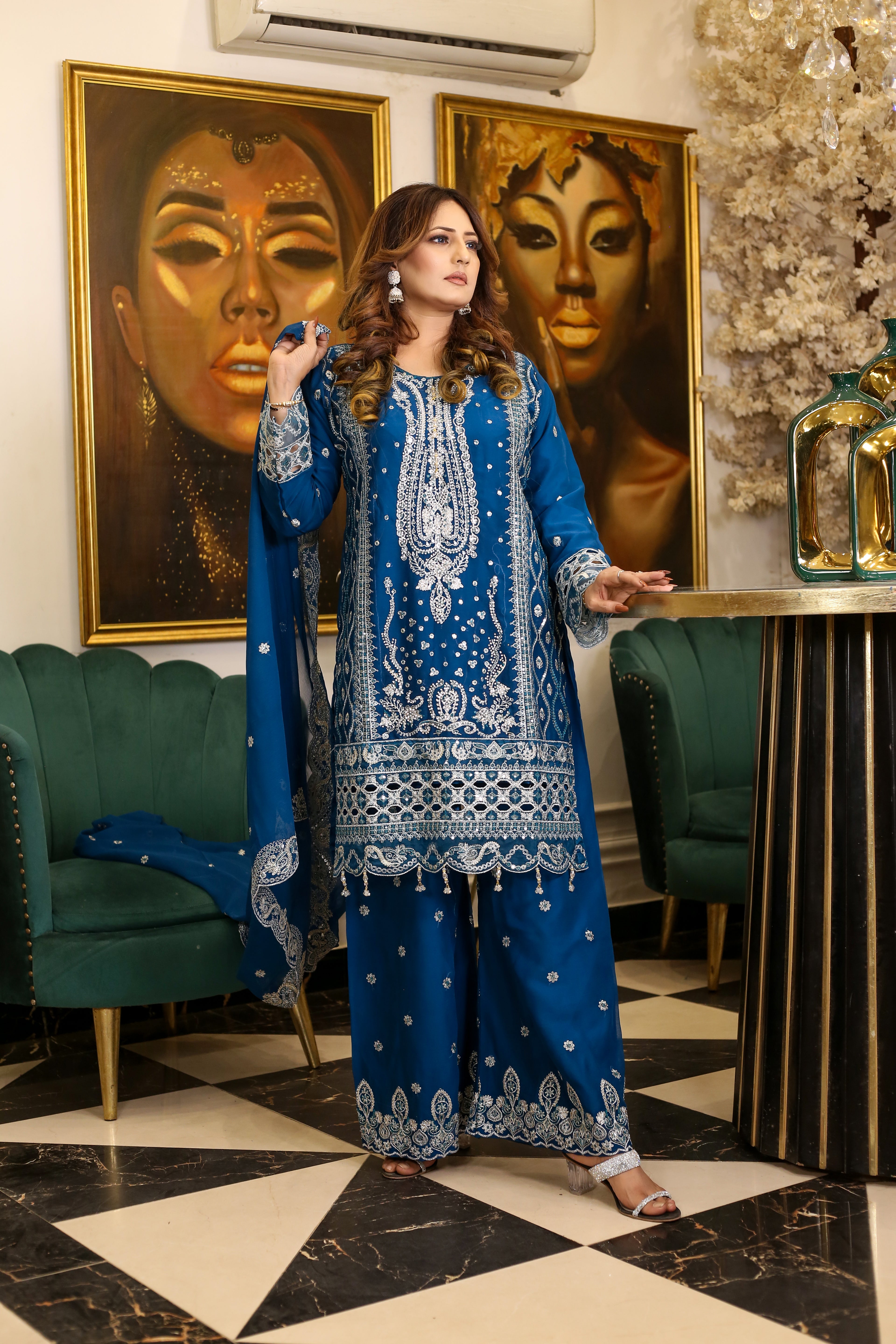 BF-004 Luxury Silver Zari & Stone Embroidered Suit