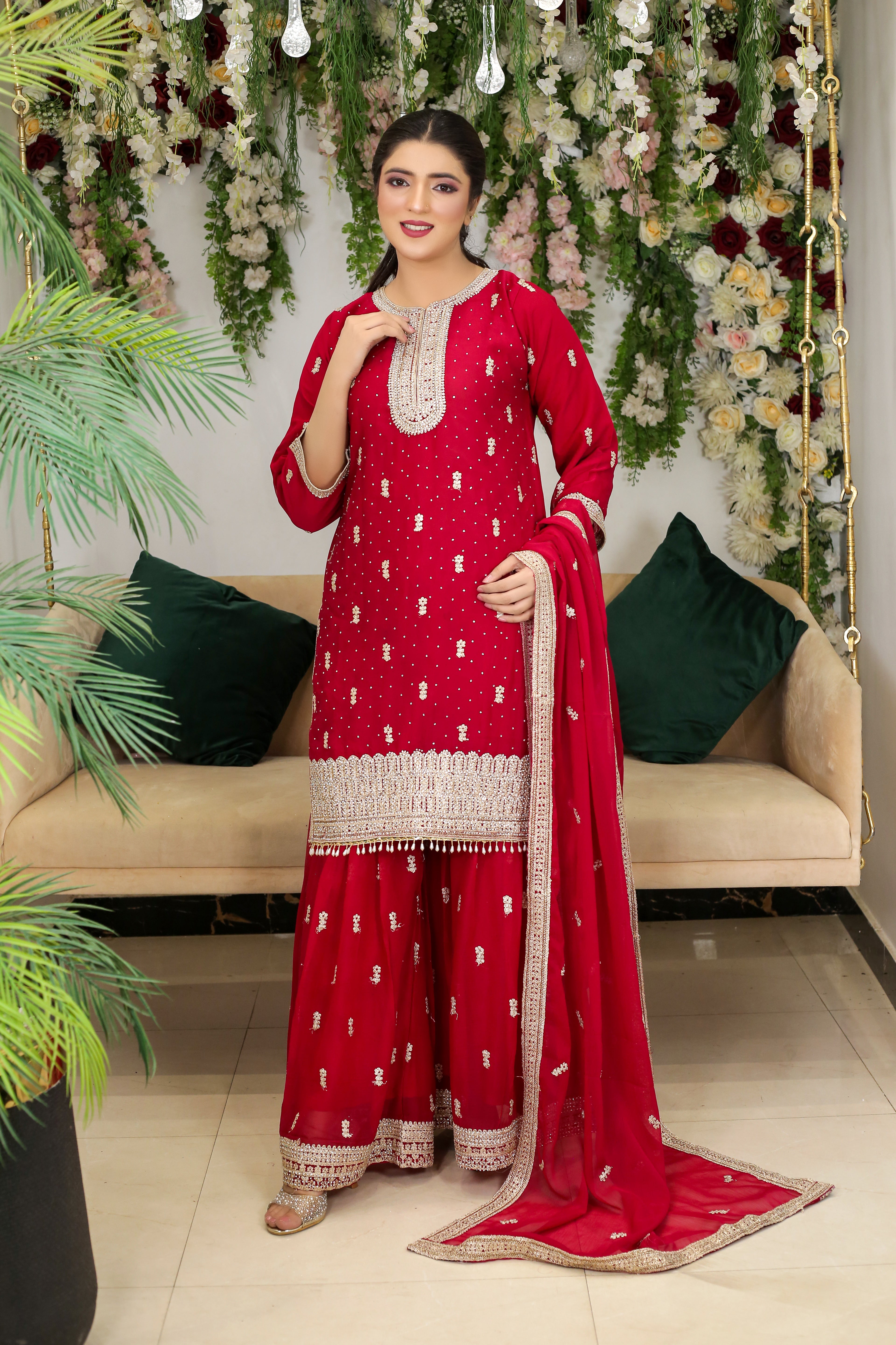 3PC DMC Stone Work Gharara Suit | Heavy Designer Wedding Wear