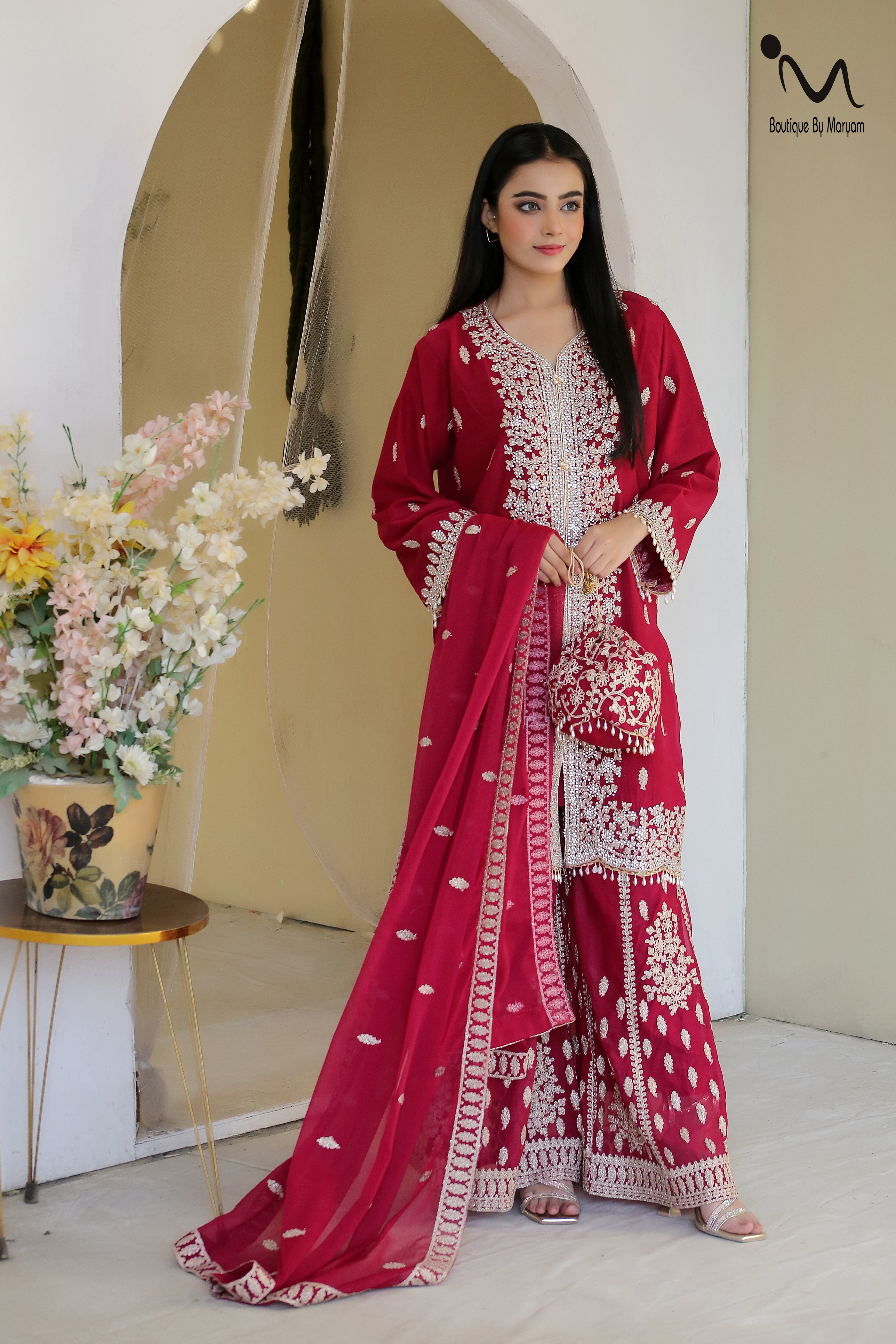 BF-025 4PC Heavy Dori Work & DMC Stone Suit | Luxury Wedding Ensemble