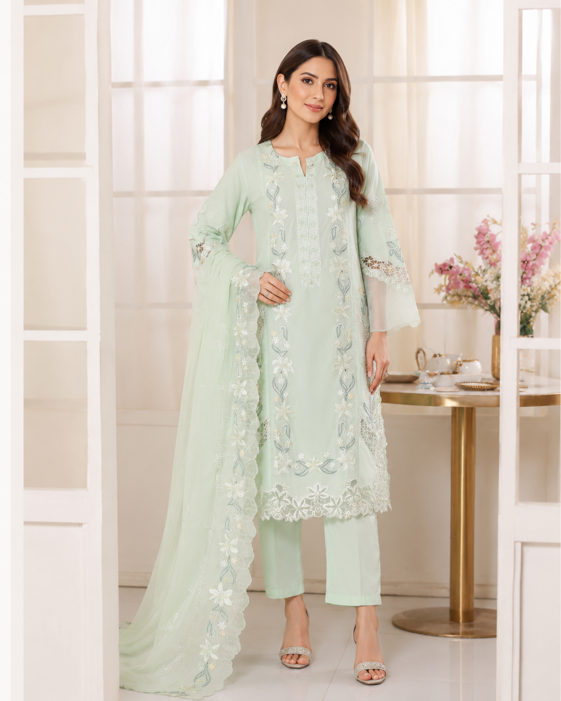 BSL-009 Bin Saeed Luxury Embroidered 3PC Suit - Pista Green