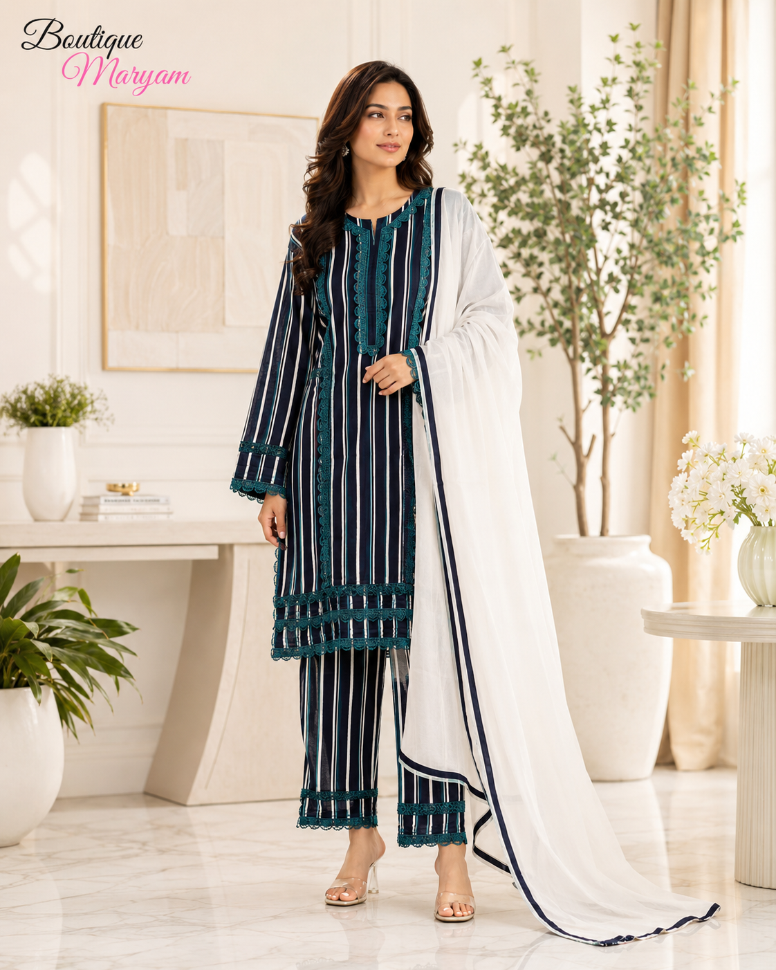 BM-LD-009 Navy & White Linen Trouser Shirt & Chiffon Dupatta - 3 Piece
