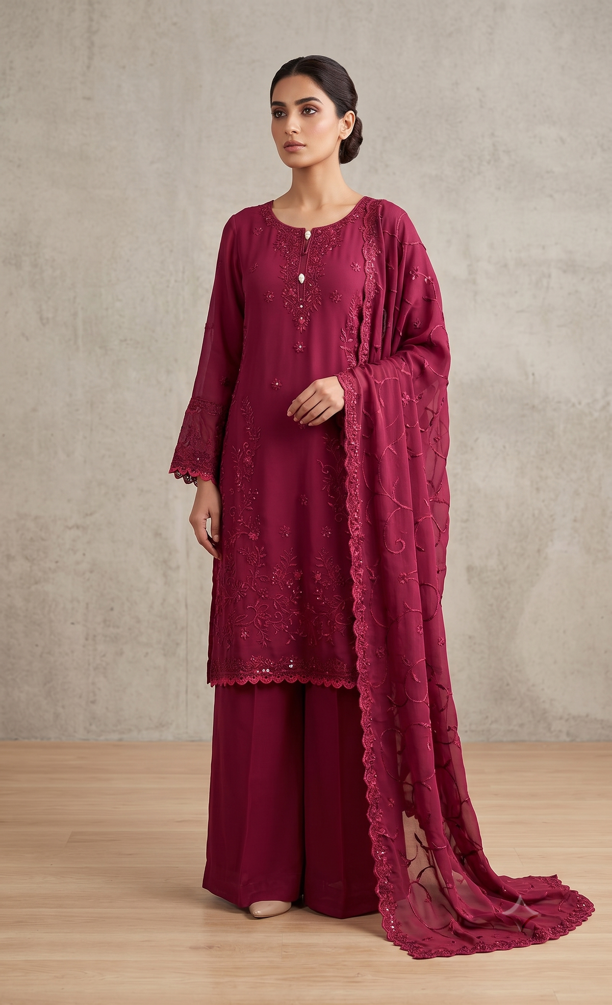 PEC-01 Premium Embroidered Chiffon Ensemble – Exquisite Thread Work & Hand-Placed Embellishments
