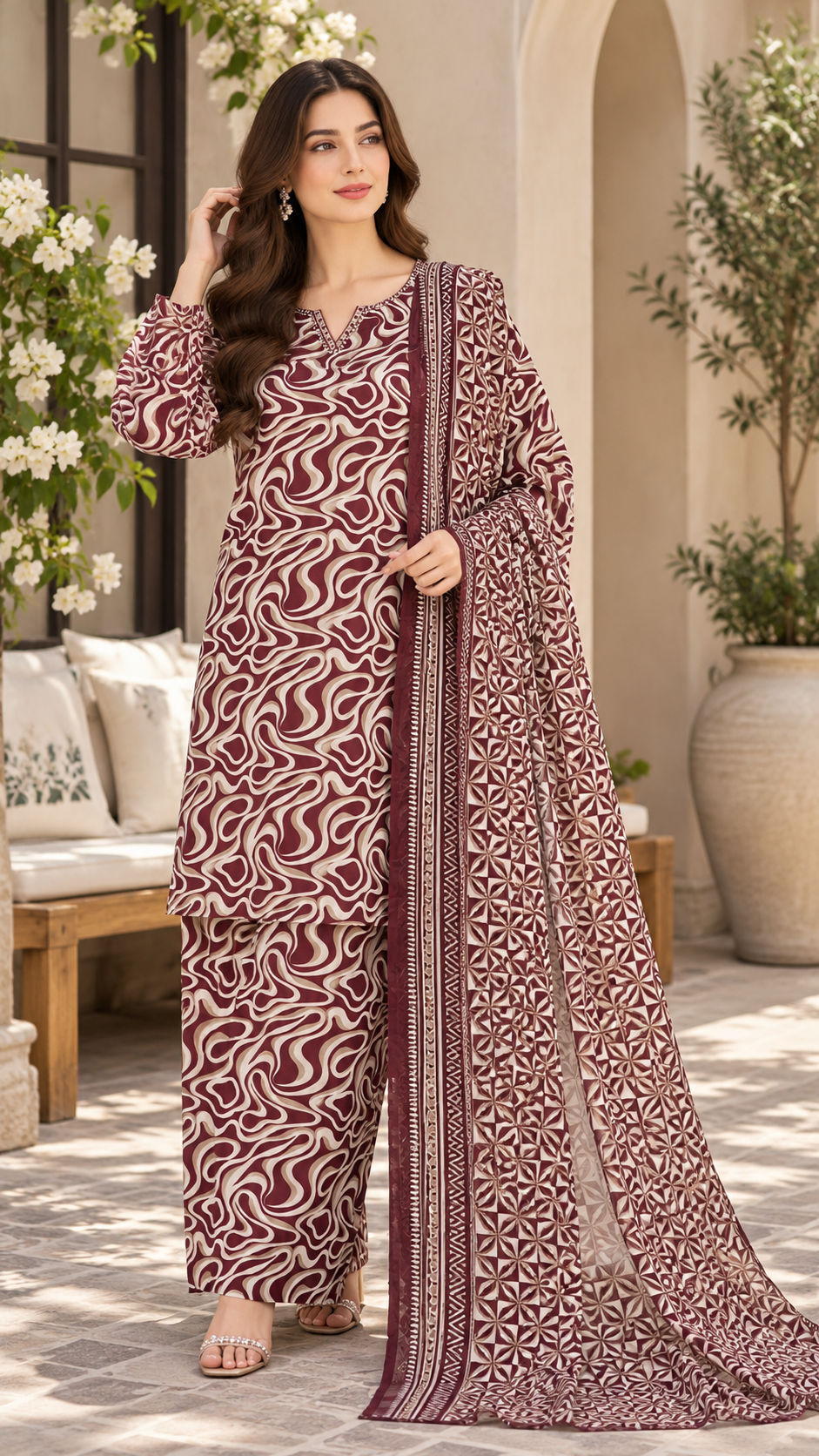BNF-006 - Bin Saeed Farshi 3-Piece Suit - Maroon & Ivory Abstract Print