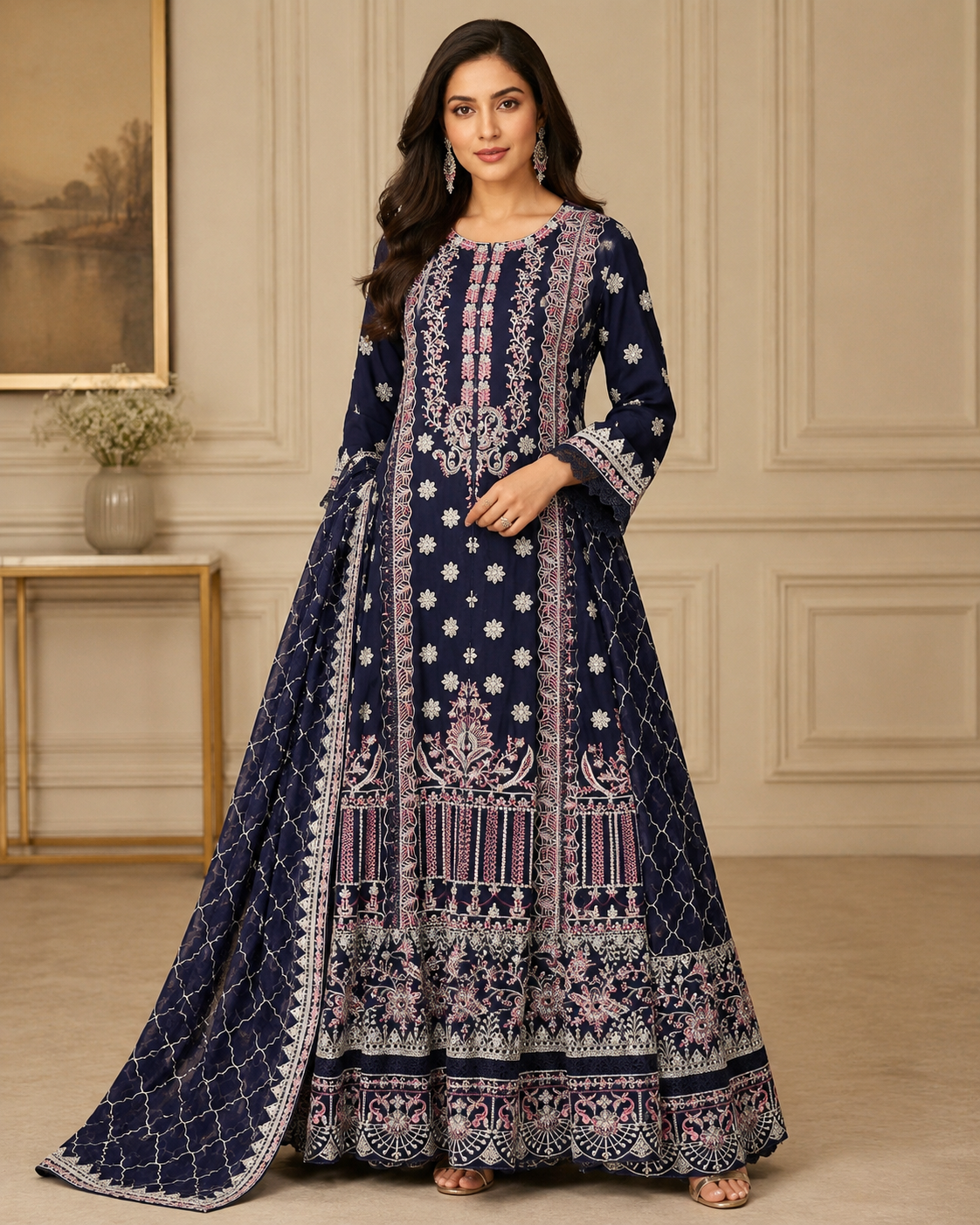 CHM-05 - Navy Blue - Printed Chiffon Full Maxi with Dupatta