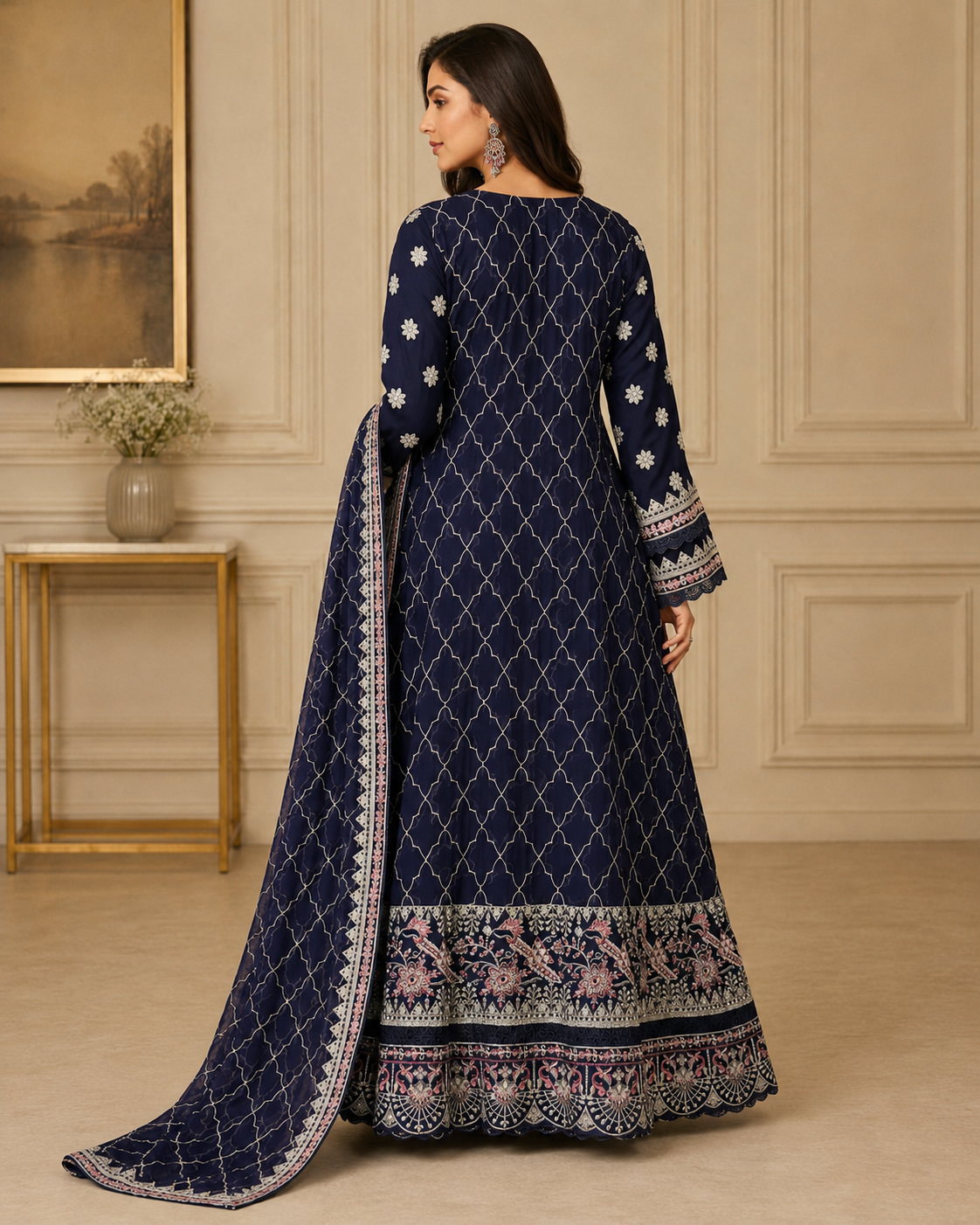 CHM-05 - Navy Blue - Printed Chiffon Full Maxi with Dupatta