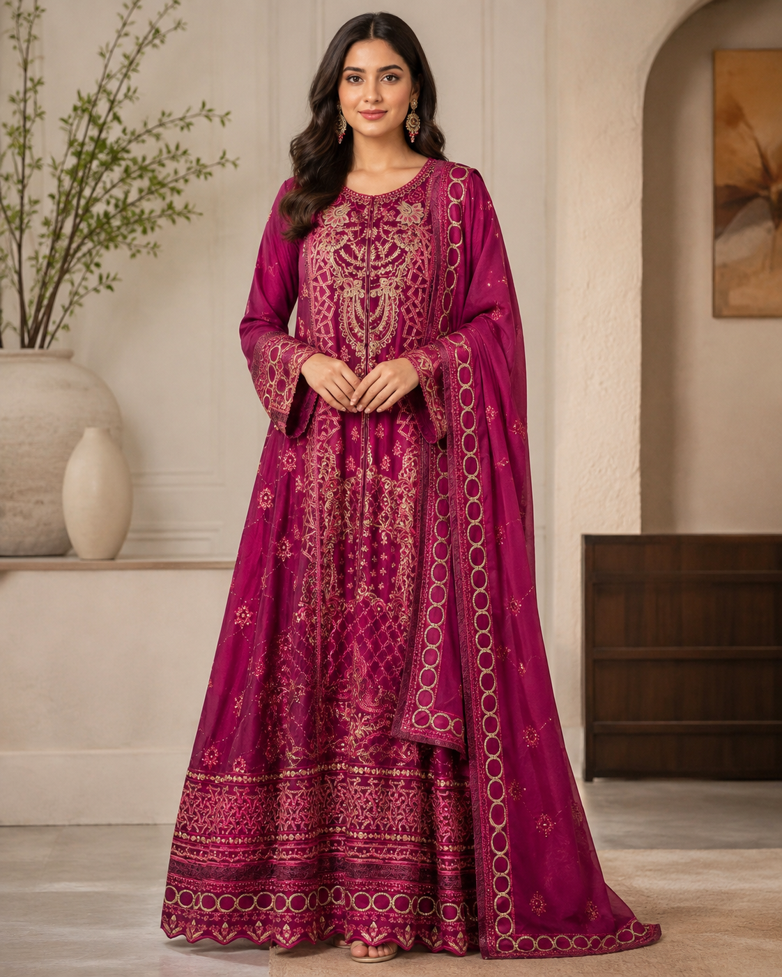 CHM-01 - Magenta - Embroidered Chiffon Full Maxi with Dupatta