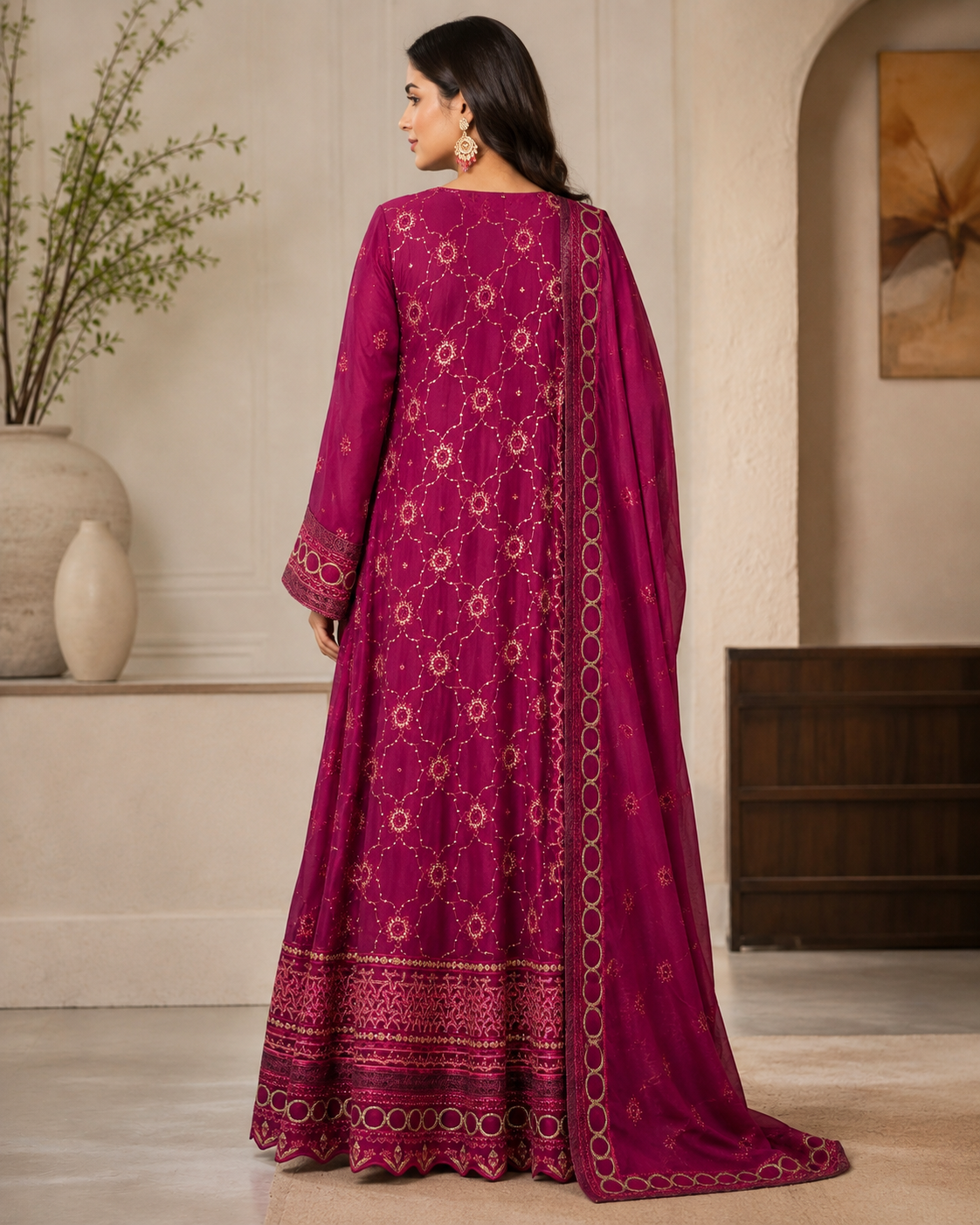 CHM-01 - Magenta - Embroidered Chiffon Full Maxi with Dupatta