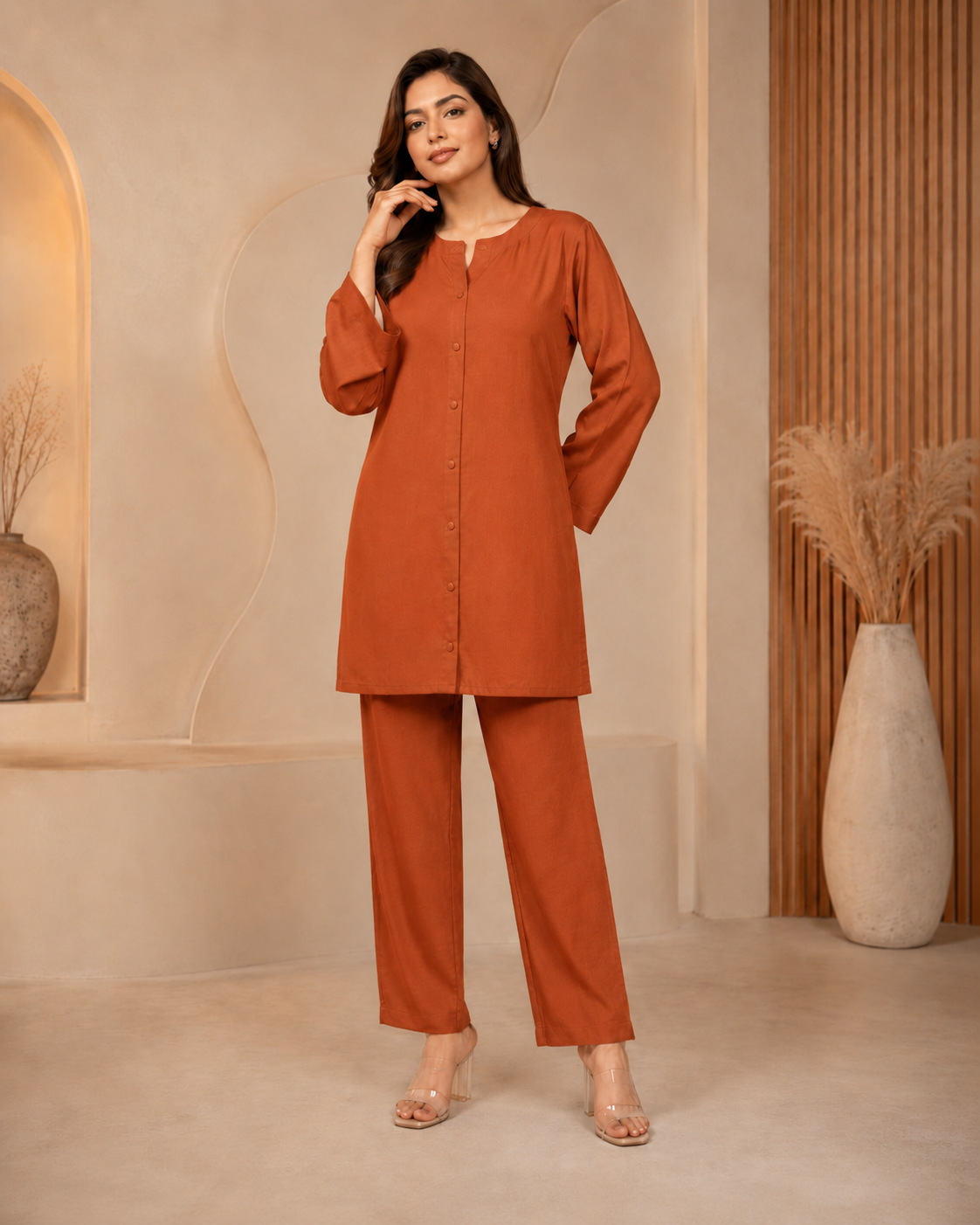 LC-08 Linen Rust Brown Matching Rust Brown Neck Band Collar Button Placket Solid Minimal 2PC Co-Ord Set
