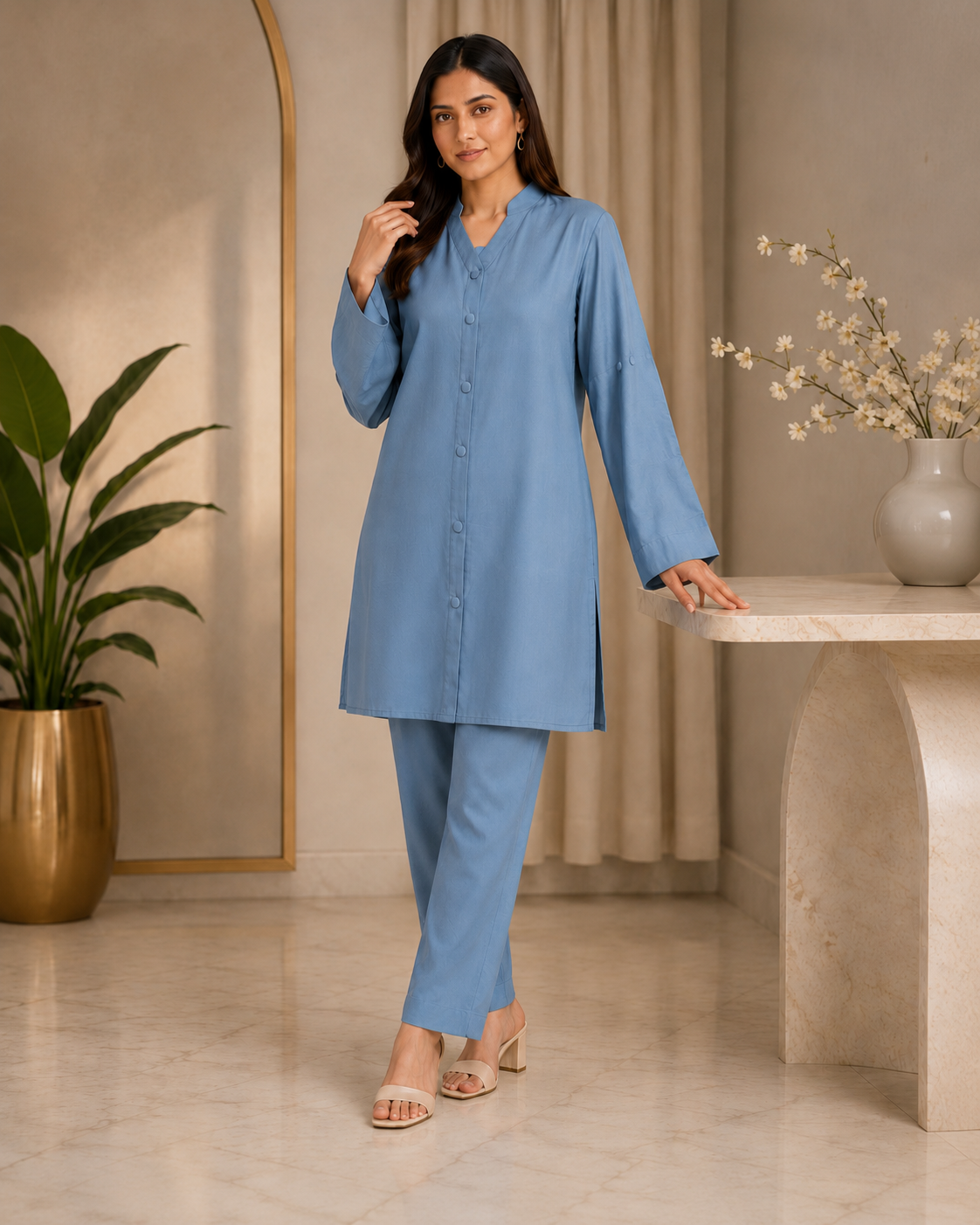 LC-09 Linen Slate Blue Matching Slate Blue Neck Band Collar Button Placket Solid Minimal 2PC Co-Ord Set