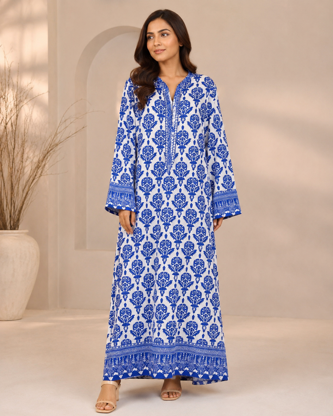 KFT-001 Royal Blue Block Print Kaftan Maxi Dress