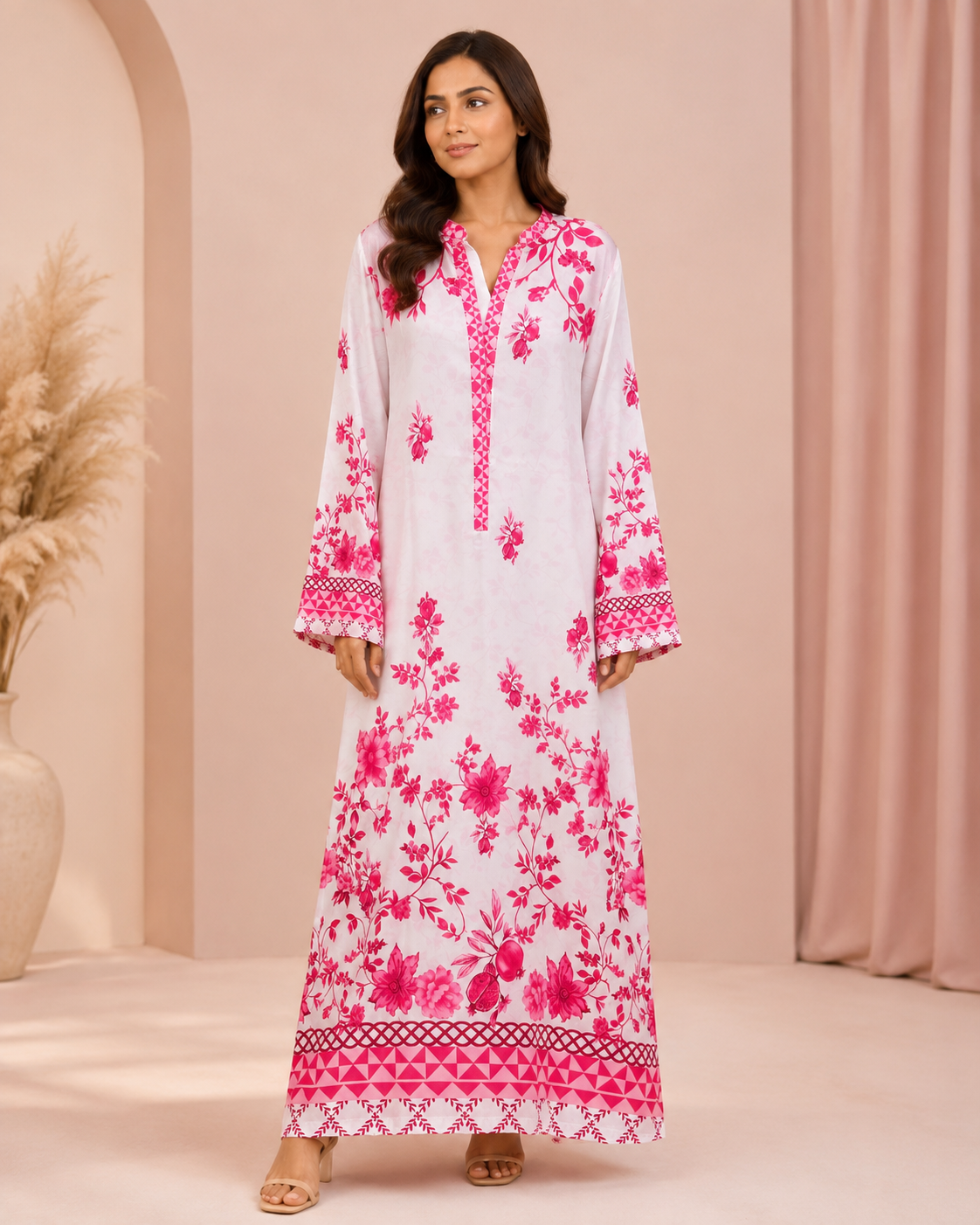 KFT-005 Blush Pink Floral Printed Kaftan Maxi Dress