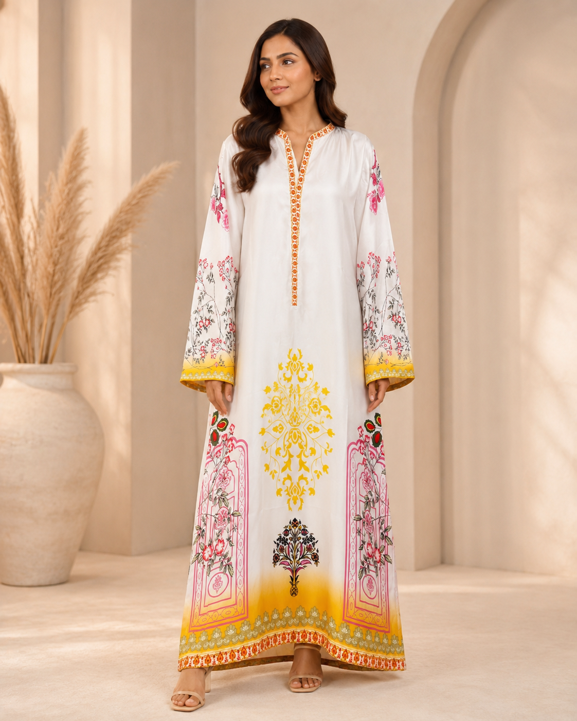 KFT-004 Ivory Mustard Floral Printed Kaftan Maxi Dress