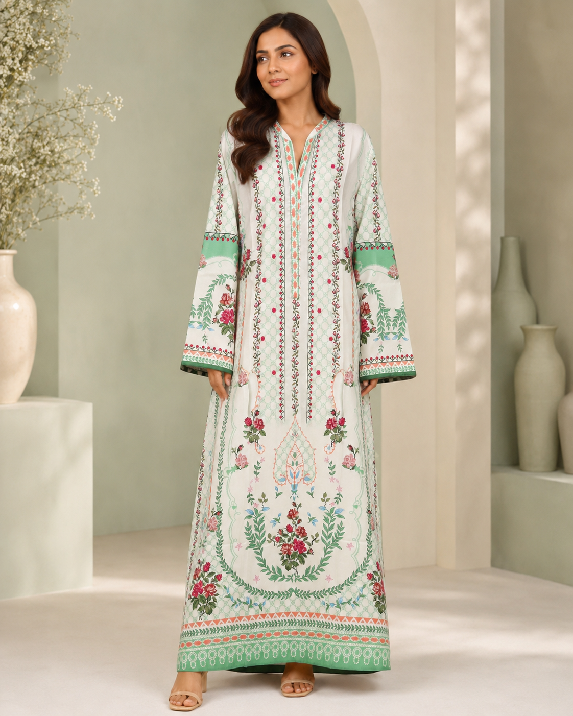 KFT-003 Ivory Green Floral Printed Kaftan Maxi Dress