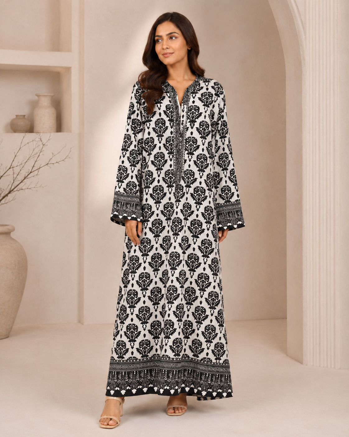KFT-002 Classic Black Block Print Kaftan Maxi Dress