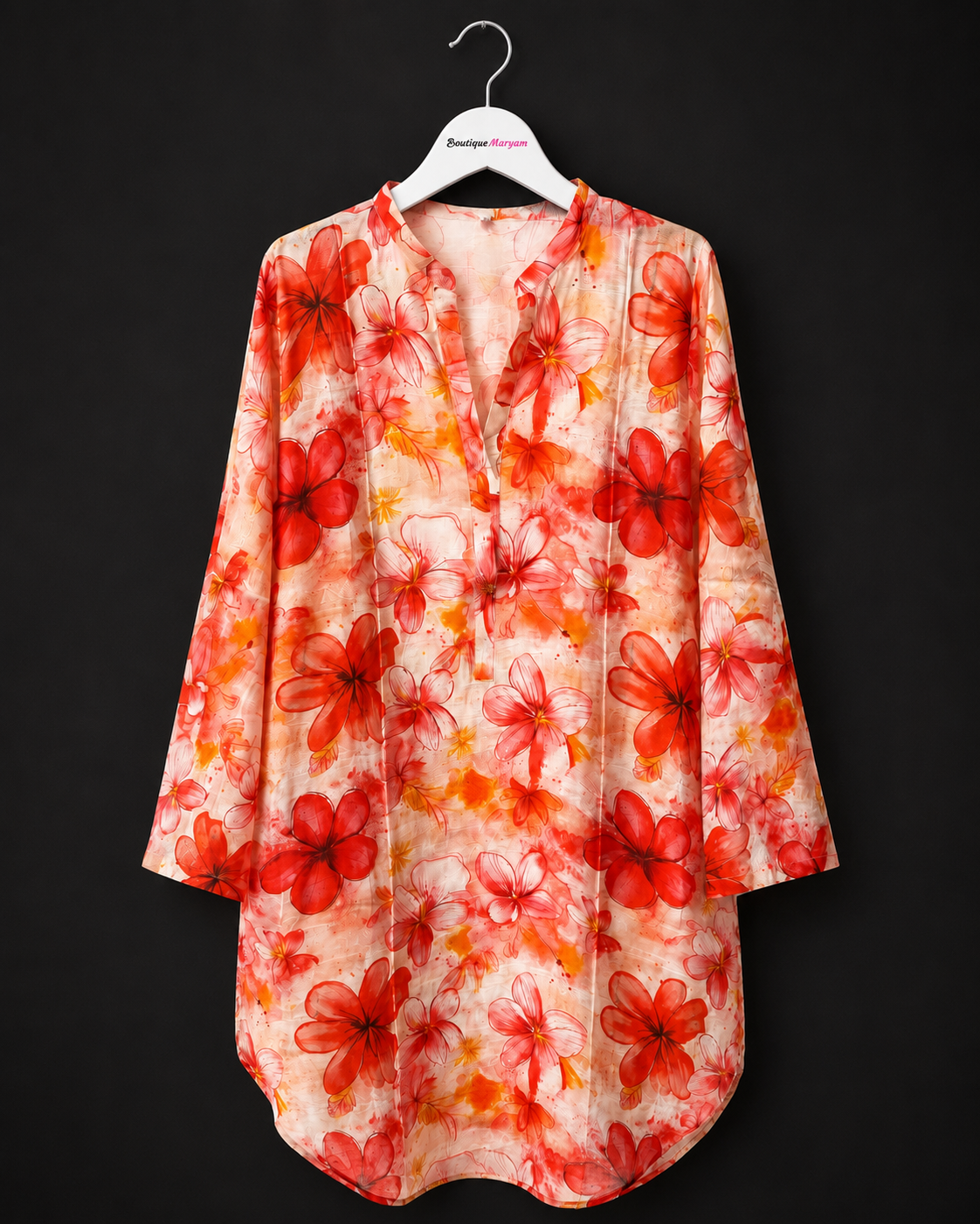 BM-LKT-004  | Coral Red | Women’s Bloom Floral Linen Kurti Tunic