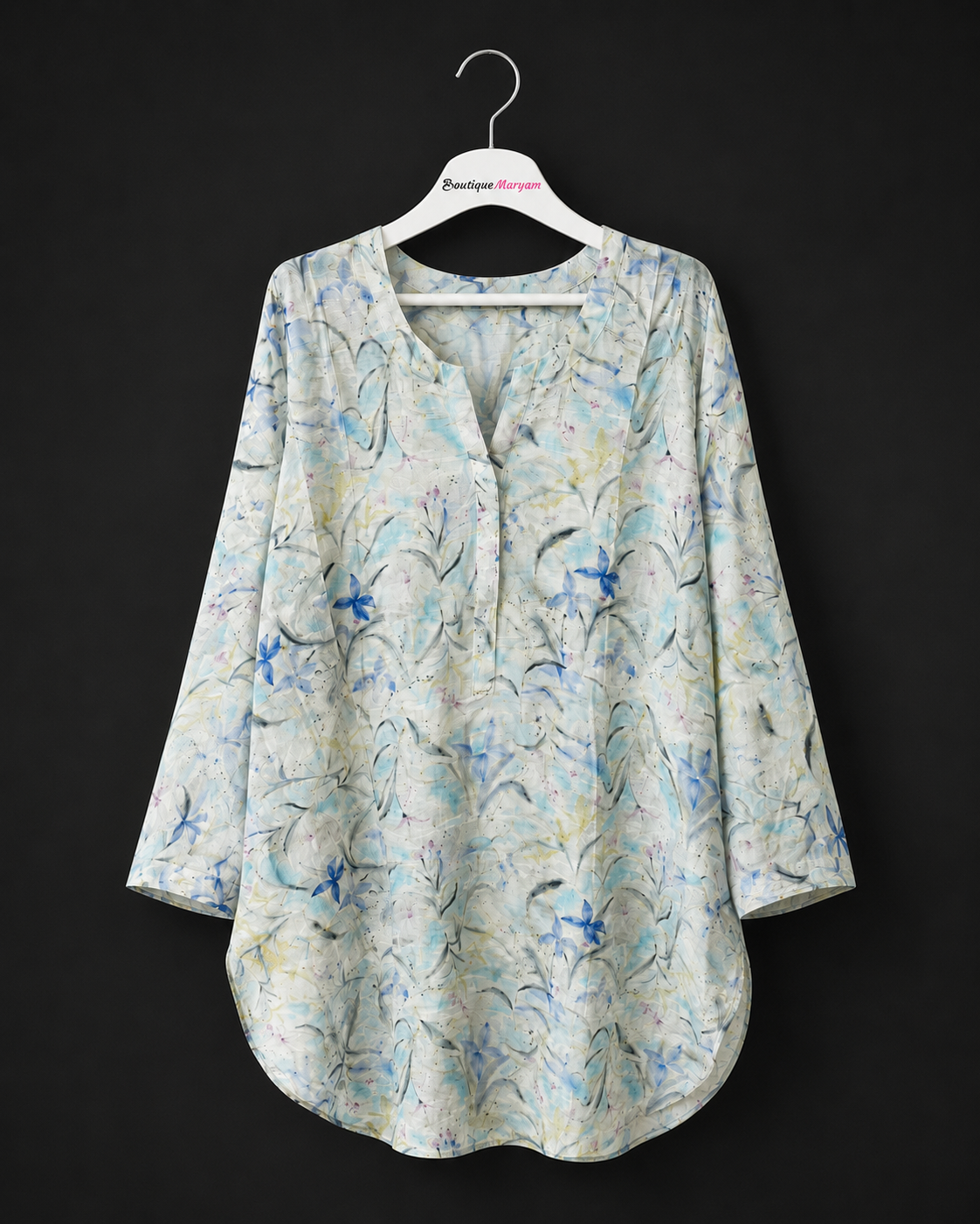LKT-001  | Powder Blue | Women’s Watercolor Floral Linen Kurti Tunic