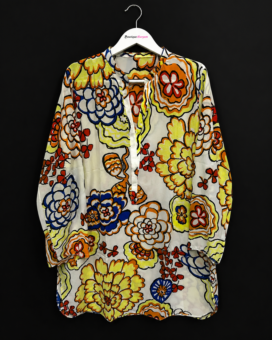 Ivory Yellow Orange Blue | BM-GKT-008 | Women’s Georgette Kurti Top Tunic - Bold Multicolor Floral