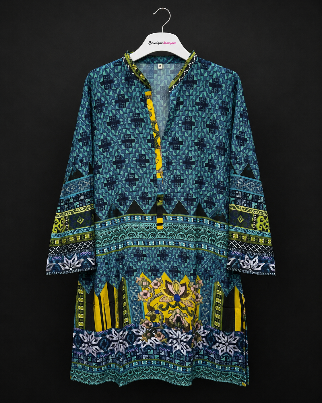 BM-GKT-009 | Teal Blue Multi  | Women’s Georgette Kurti Top Tunic - Ethnic Geometric Border Print