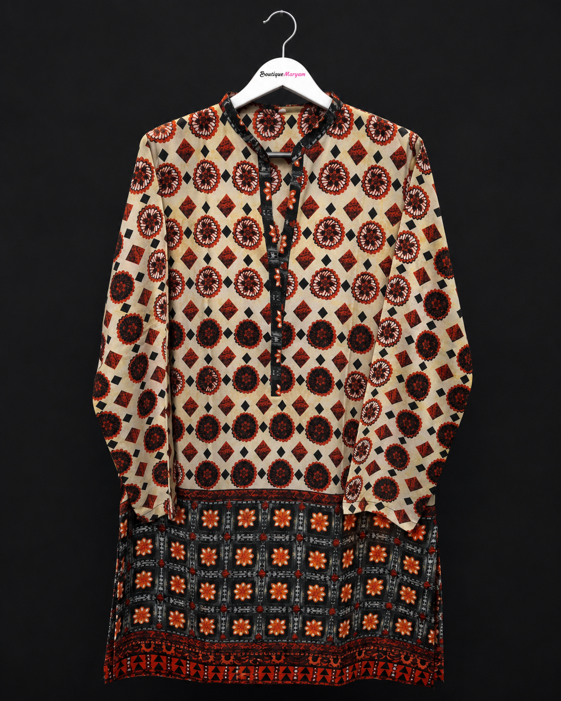 BM-GKT-005  | Beige Red Black | Women’s Georgette Kurti Top Tunic - Boho Geometric Floral Border