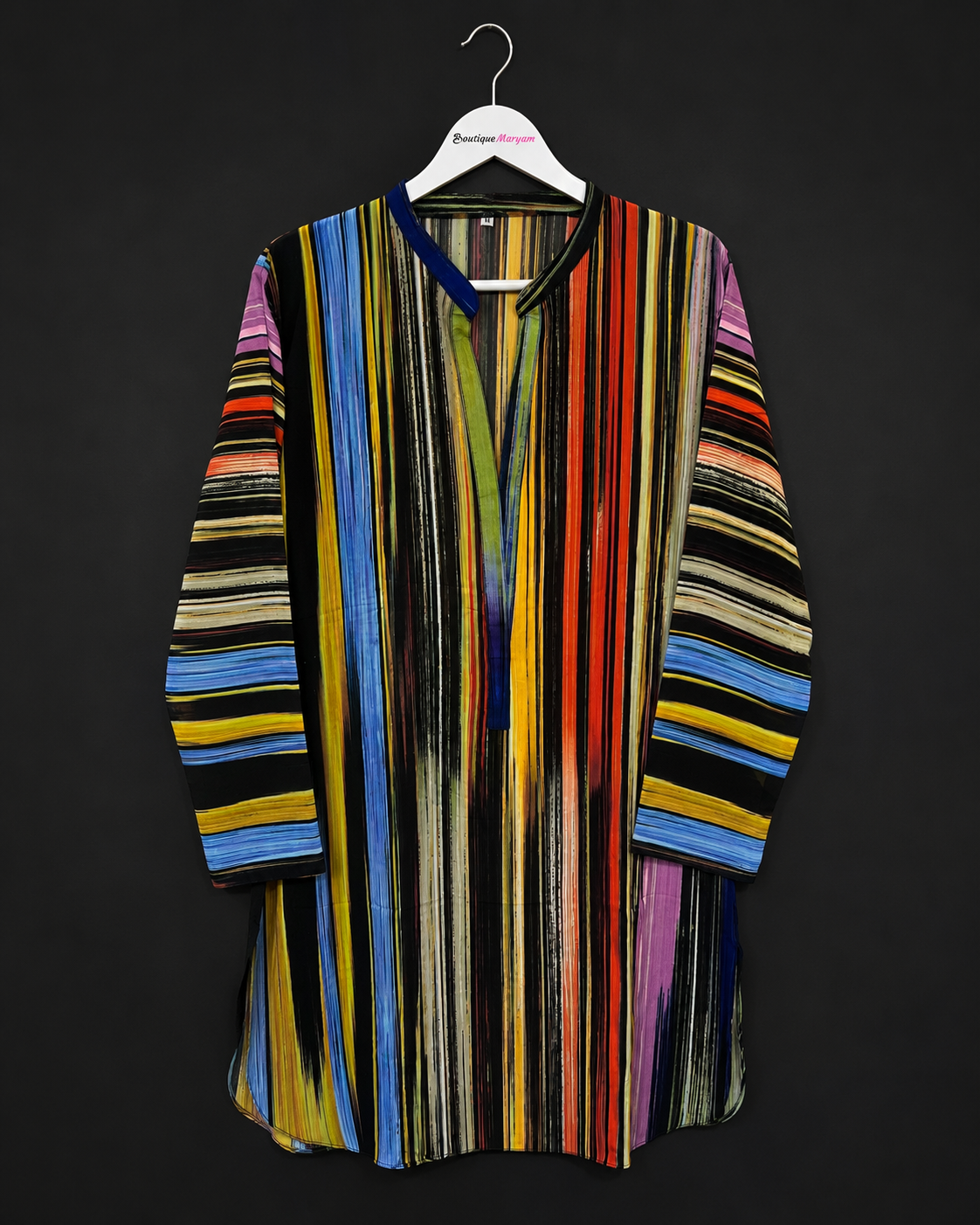 GKT-001  |Black Multi Stripe | Women’s Georgette Kurti Top Tunic - Multicolor Vertical Brush Stripe