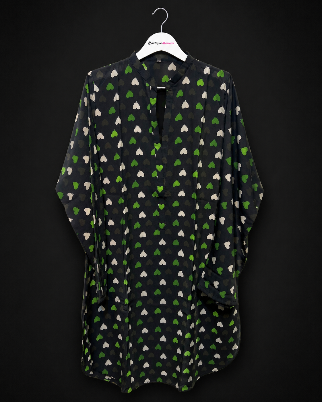 BM-GKT-002 | Black Green White  | Women’s Georgette Kurti Top Tunic - Green White Heart Print