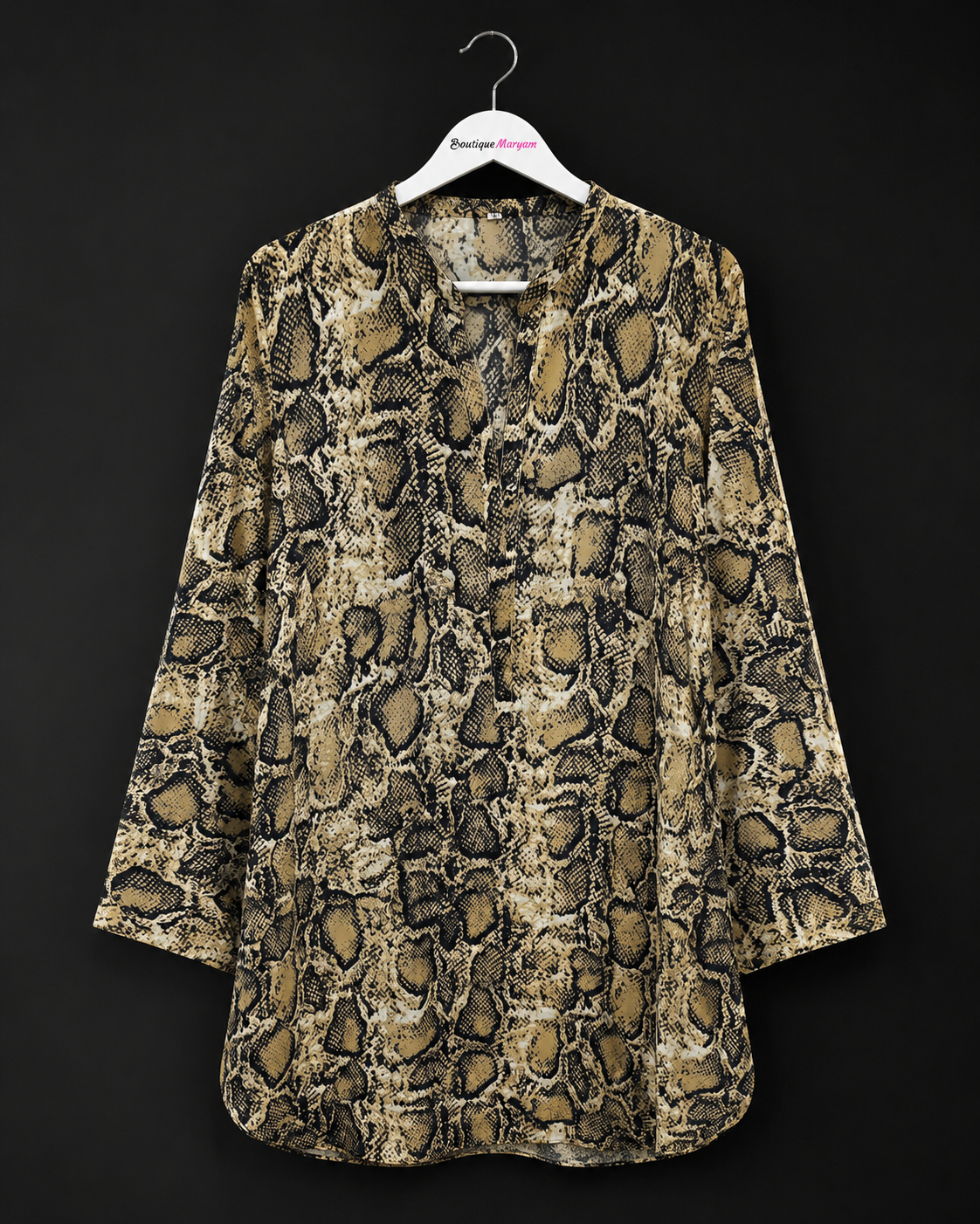 BM-GKT-003  | Tan Black Beige | Women’s Georgette Kurti Top Tunic - Snake Print Pattern