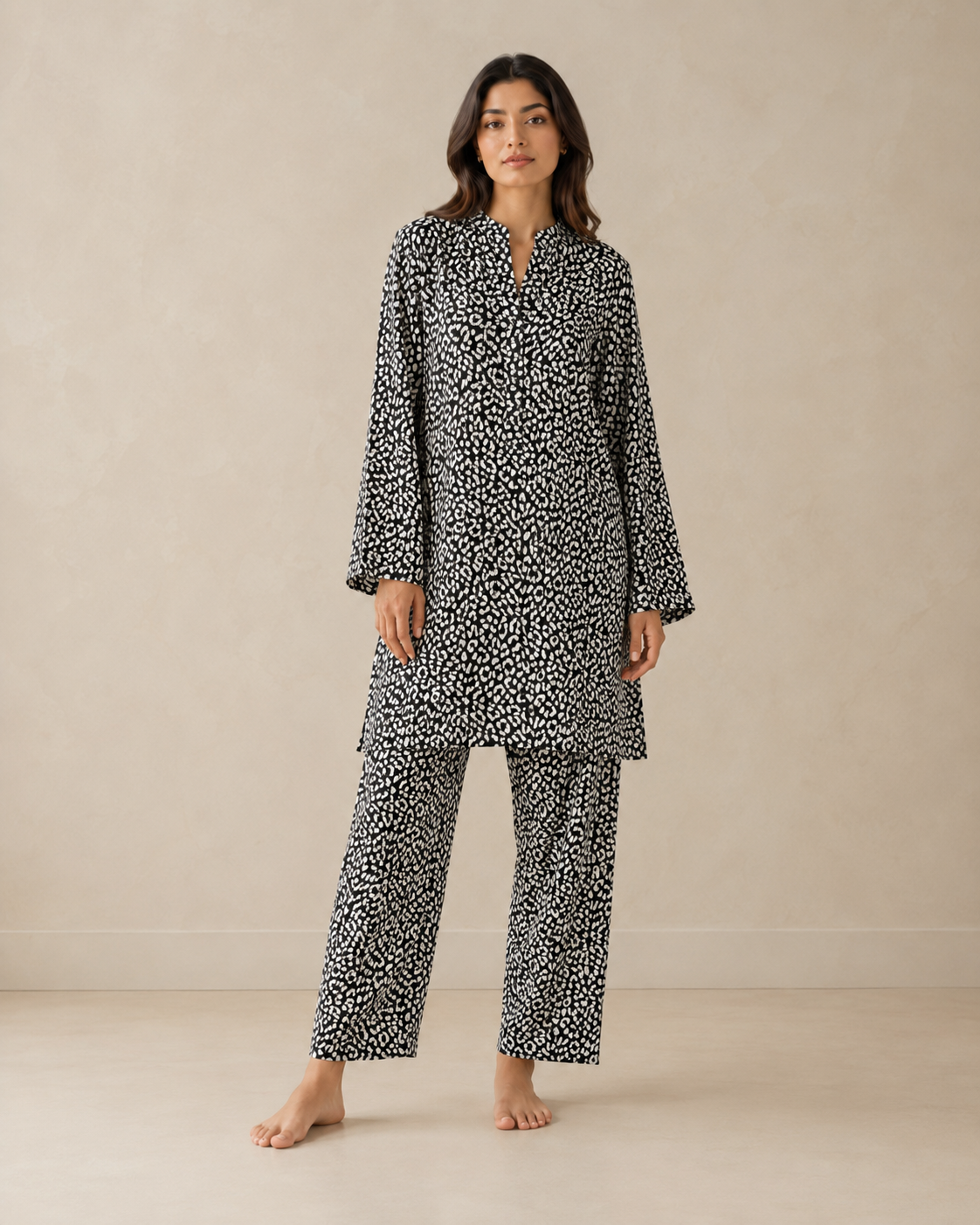 CORD-004 Black White Women's Animal Spot Print 2 Piece Co-ords Set