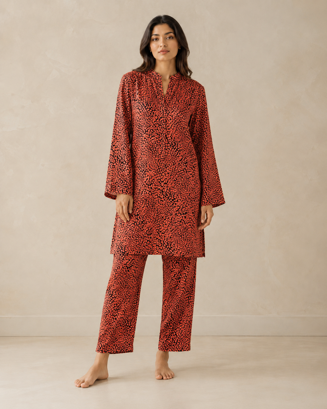 CORD-005 Coral Orange Black Women's Leopard Spot Print 2 Piece Co-ord Set