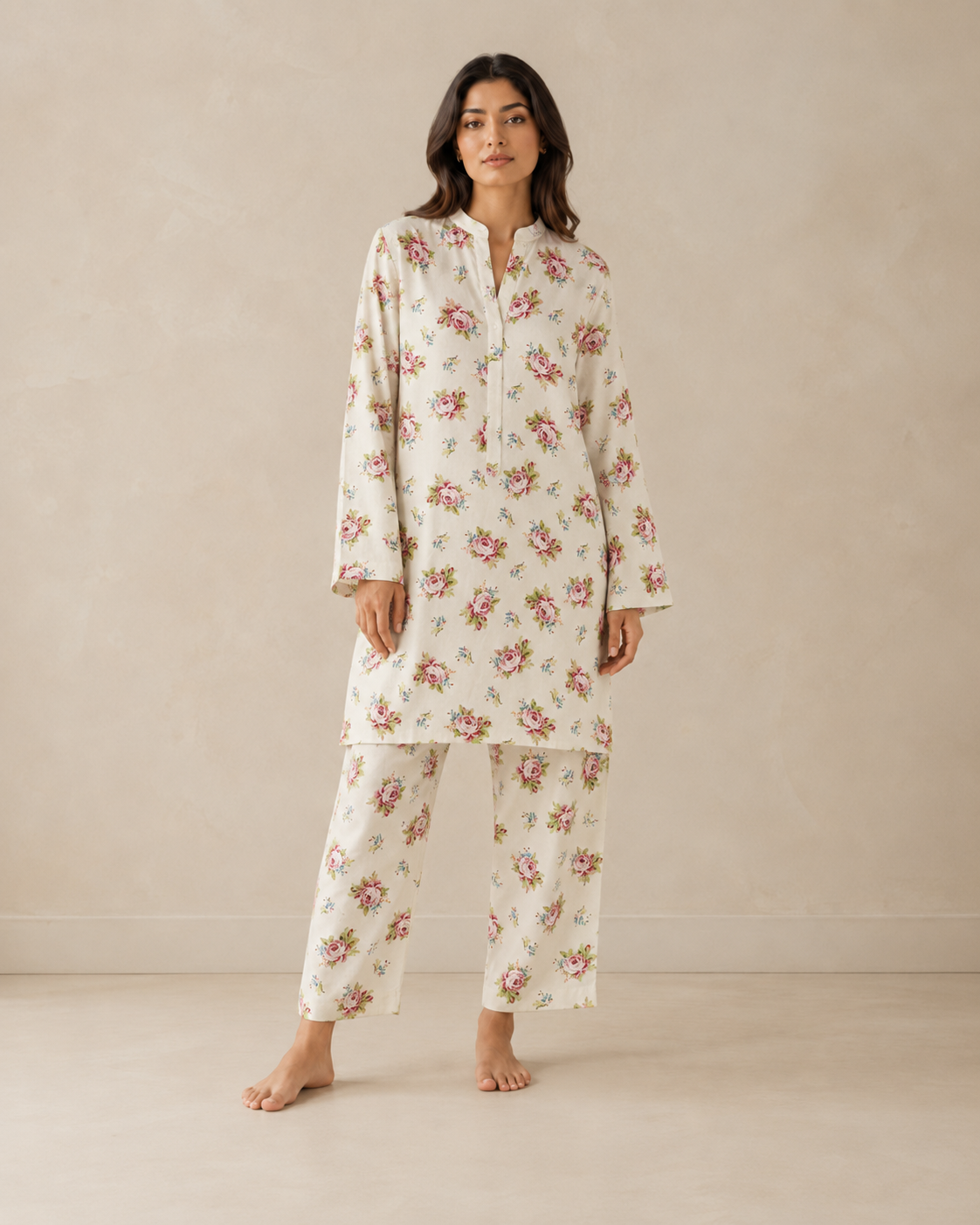 CORD-006 Ivory Pink Floral Women's Rose Floral Print 2 Piece Co-ord Set