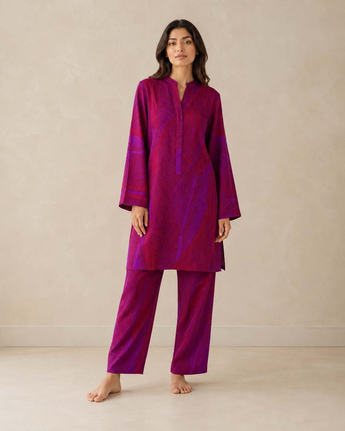 CORD-001 Magenta Purple  Women's Abstract Leaf Print 2 Piece Co-ord Set