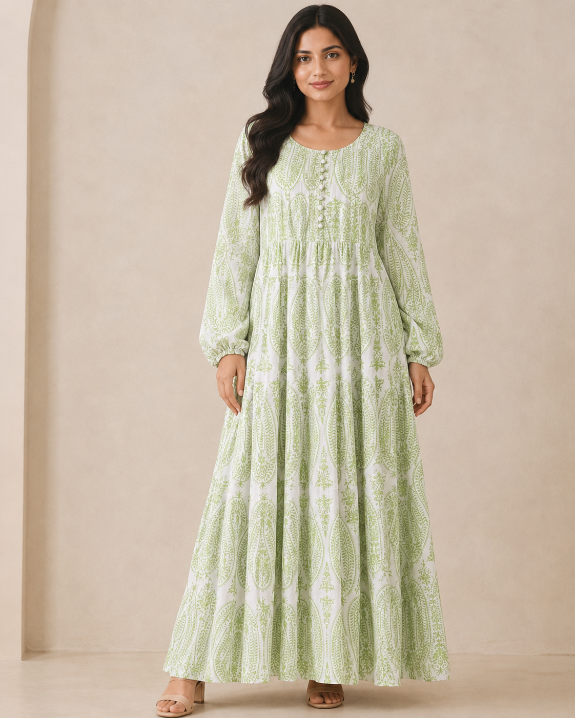 MAXI-004 | White Green  Georgette  Maxi Dress