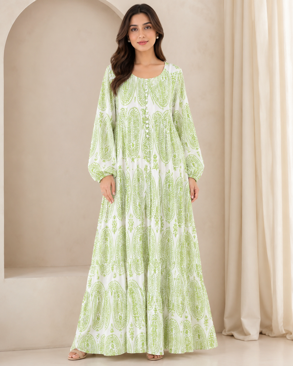 MAXI-004 | White Green  Georgette  Maxi Dress