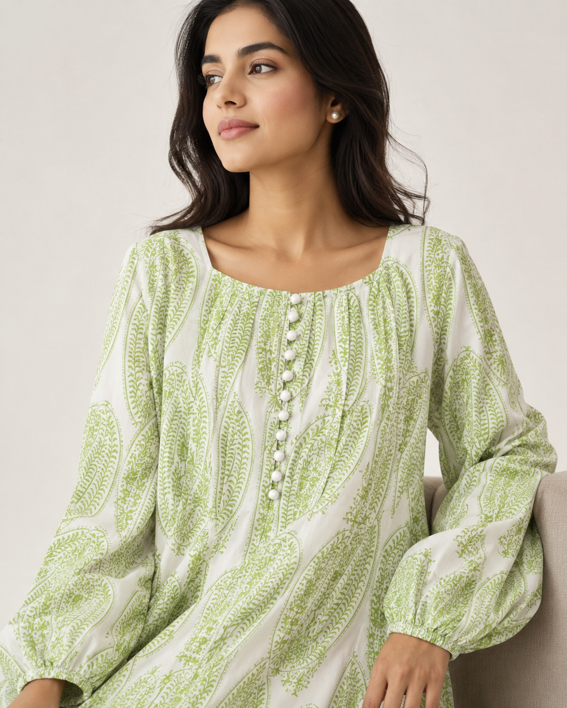 MAXI-004 | White Green  Georgette  Maxi Dress