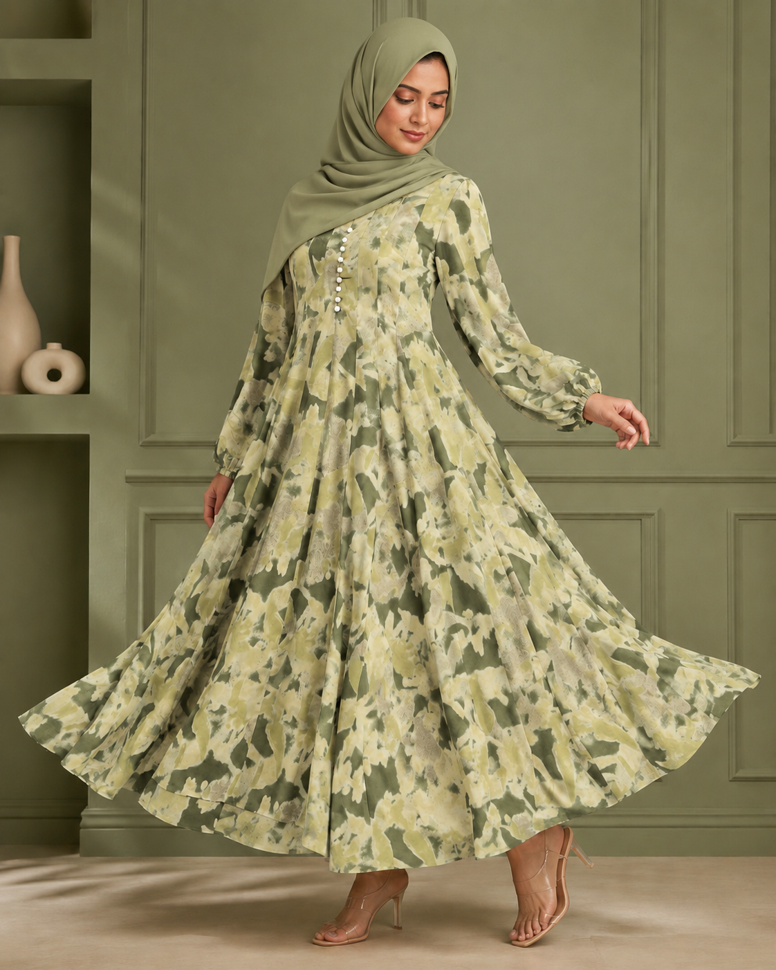 MAXI-005 |Pista Green  Georgette  Maxi Dress