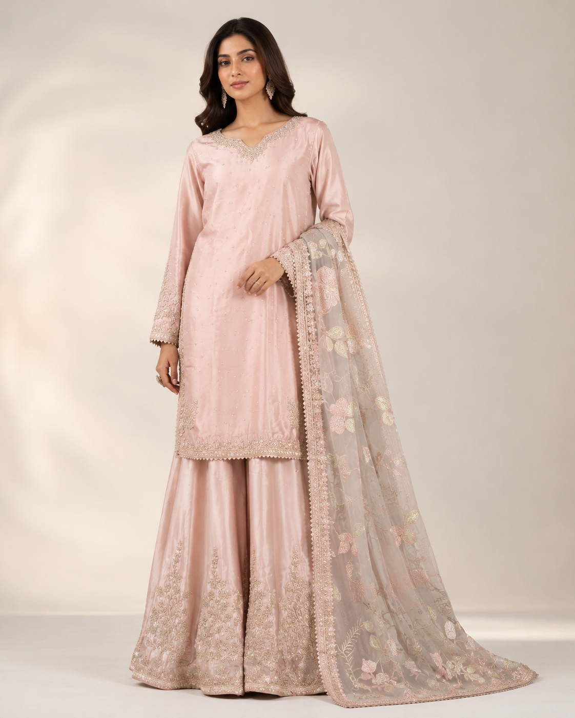 BM-PW-004 | Silk Shirt Organza Dupatta Gharara 3PC Suit