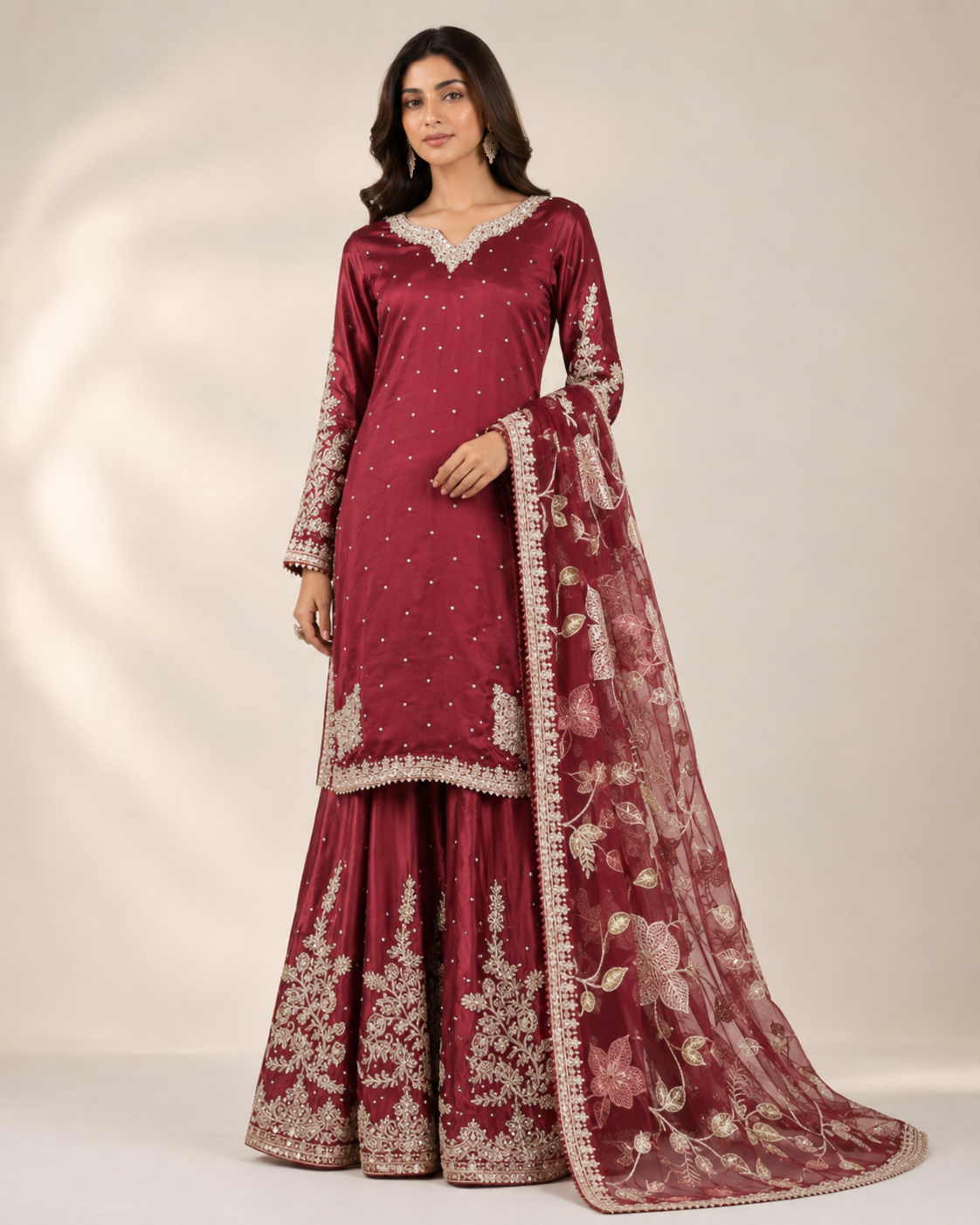 BM-PW-004 | Silk Shirt Organza Dupatta Gharara 3PC Suit