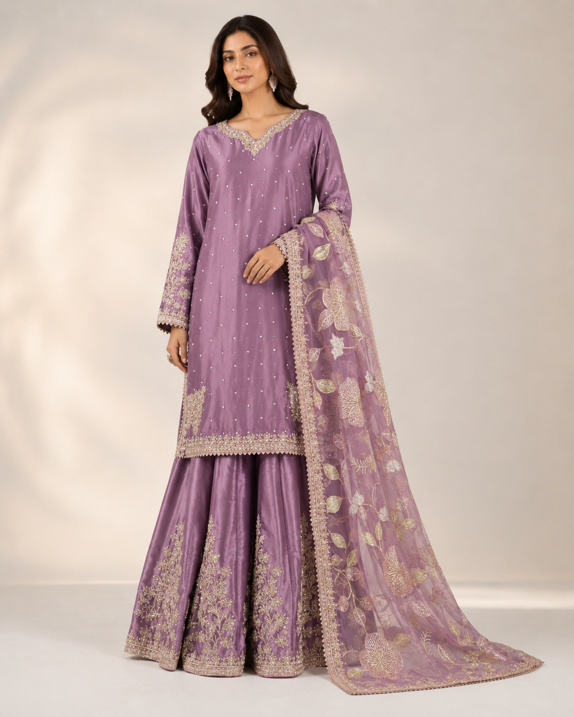BM-PW-004 | Silk Shirt Organza Dupatta Gharara 3PC Suit