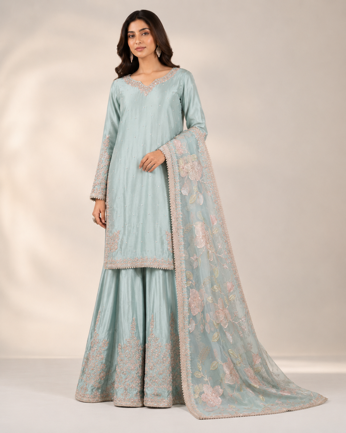 BM-PW-004 | Silk Shirt Organza Dupatta Gharara 3PC Suit