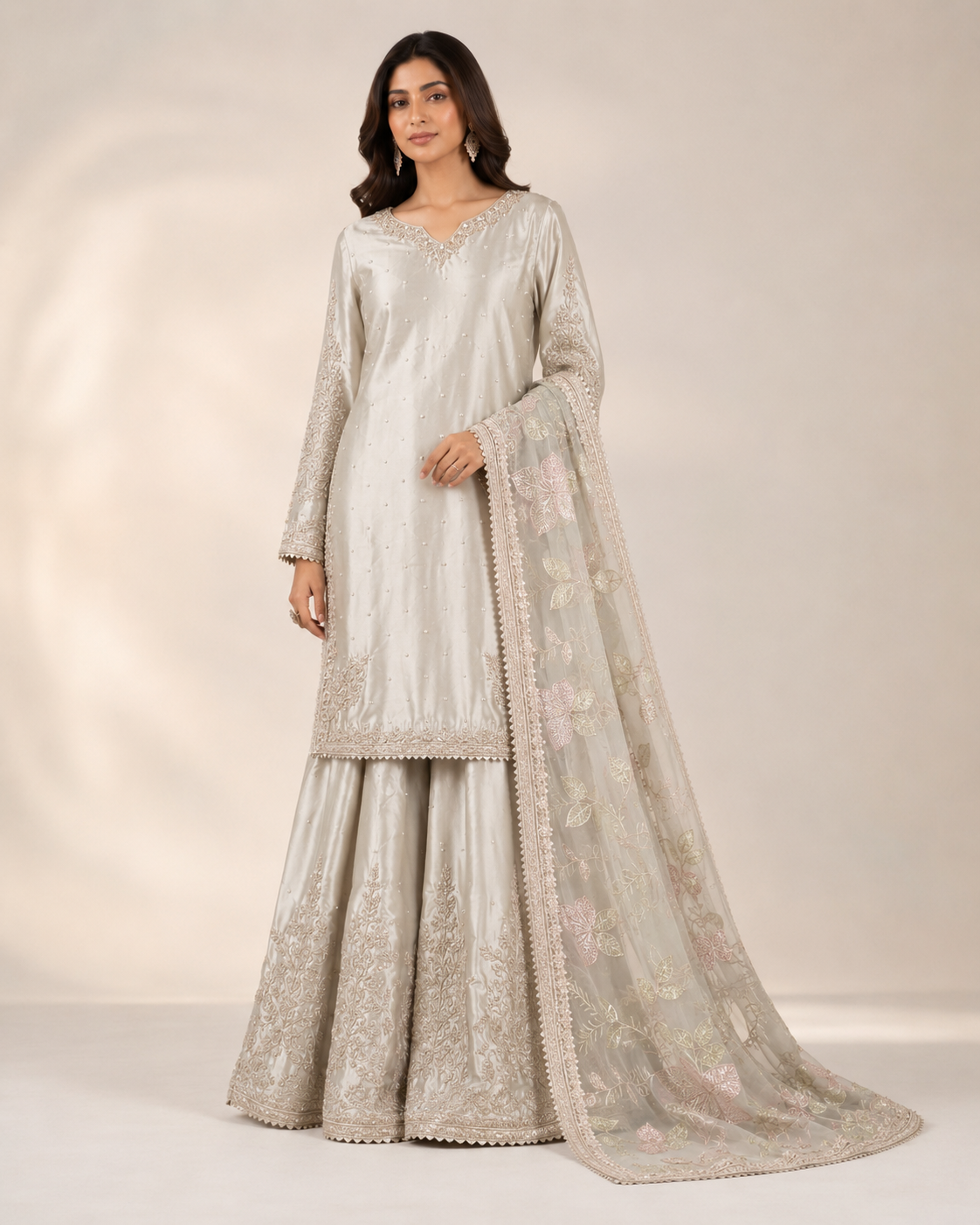 BM-PW-004 | Silk Shirt Organza Dupatta Gharara 3PC Suit