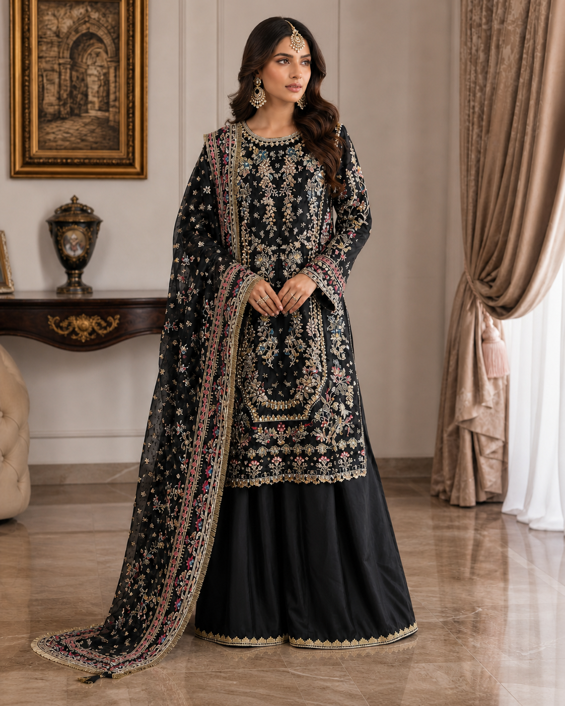WS-002 Black Embroidered 3-Piece Formal Suit with Dupatta