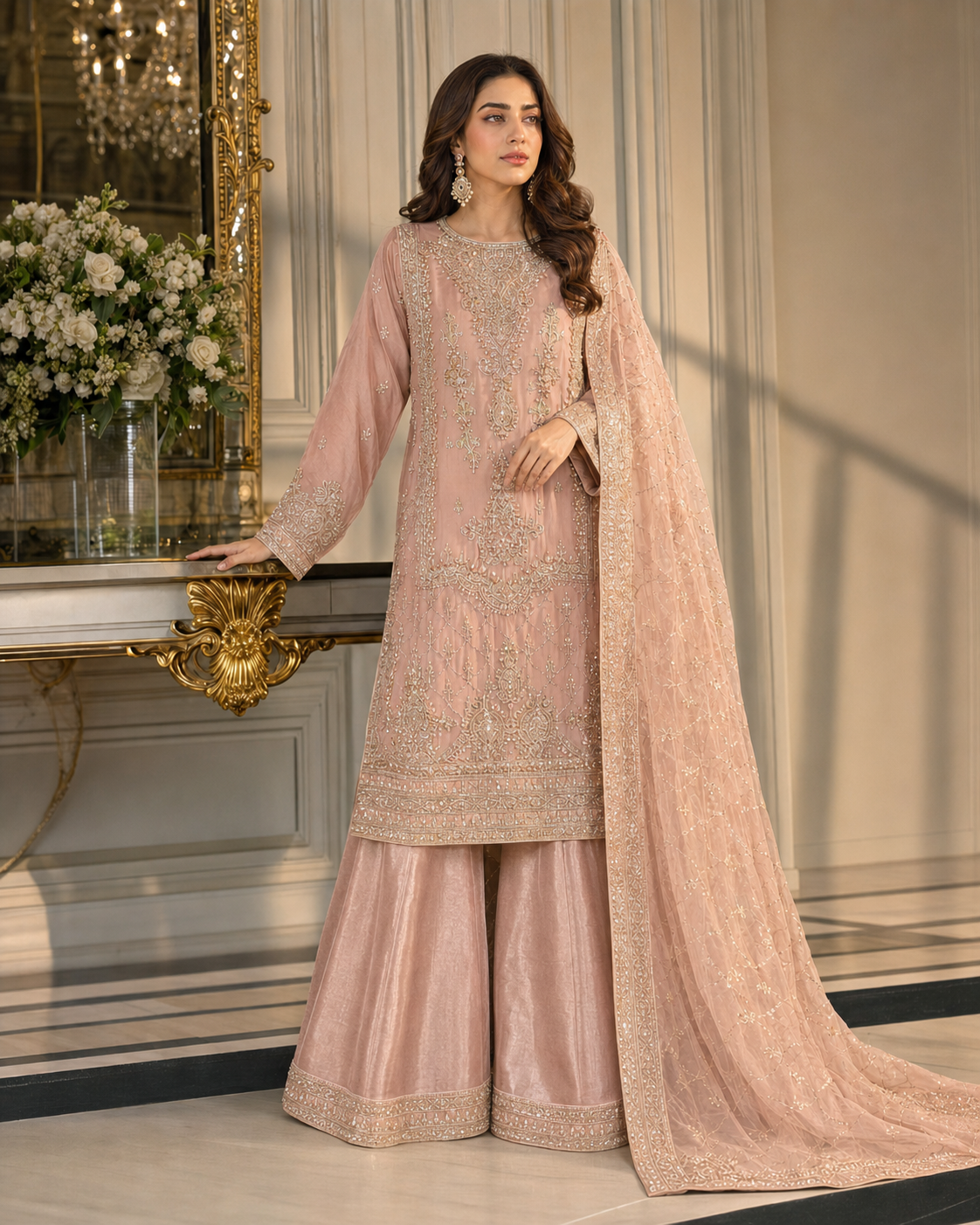 WS-001 Peach Pink Embroidered 3-Piece Formal Suit with Dupatta