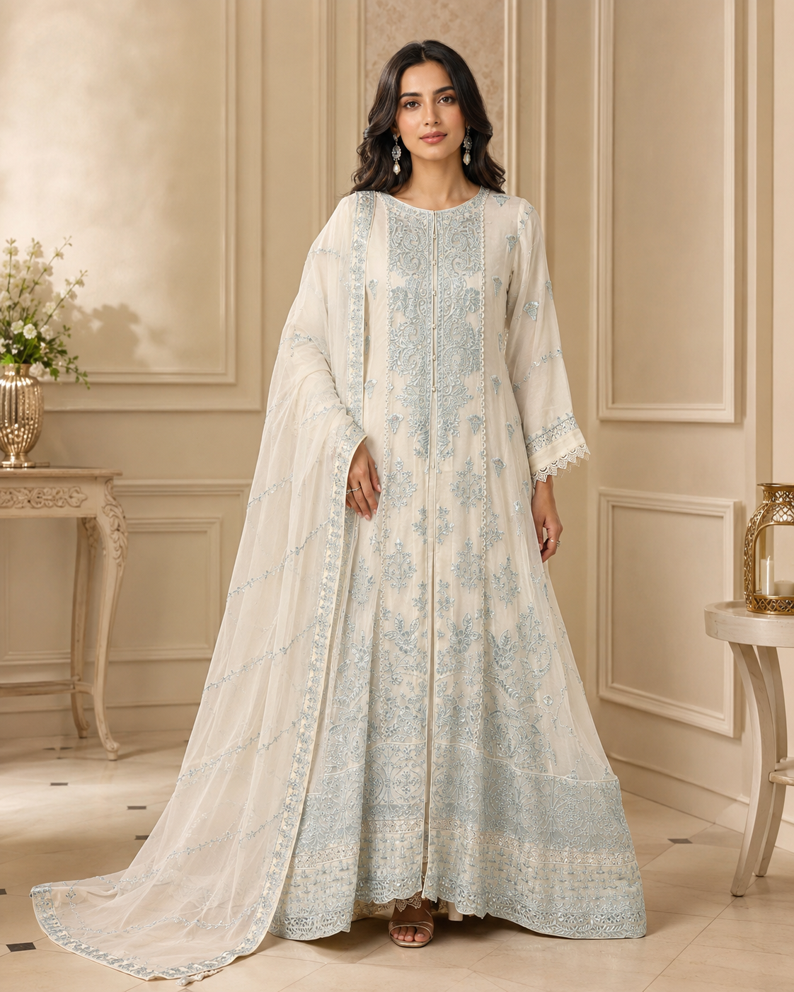 CHM-02 - Ivory Blue - Embroidered Chiffon Full Maxi with Dupatta