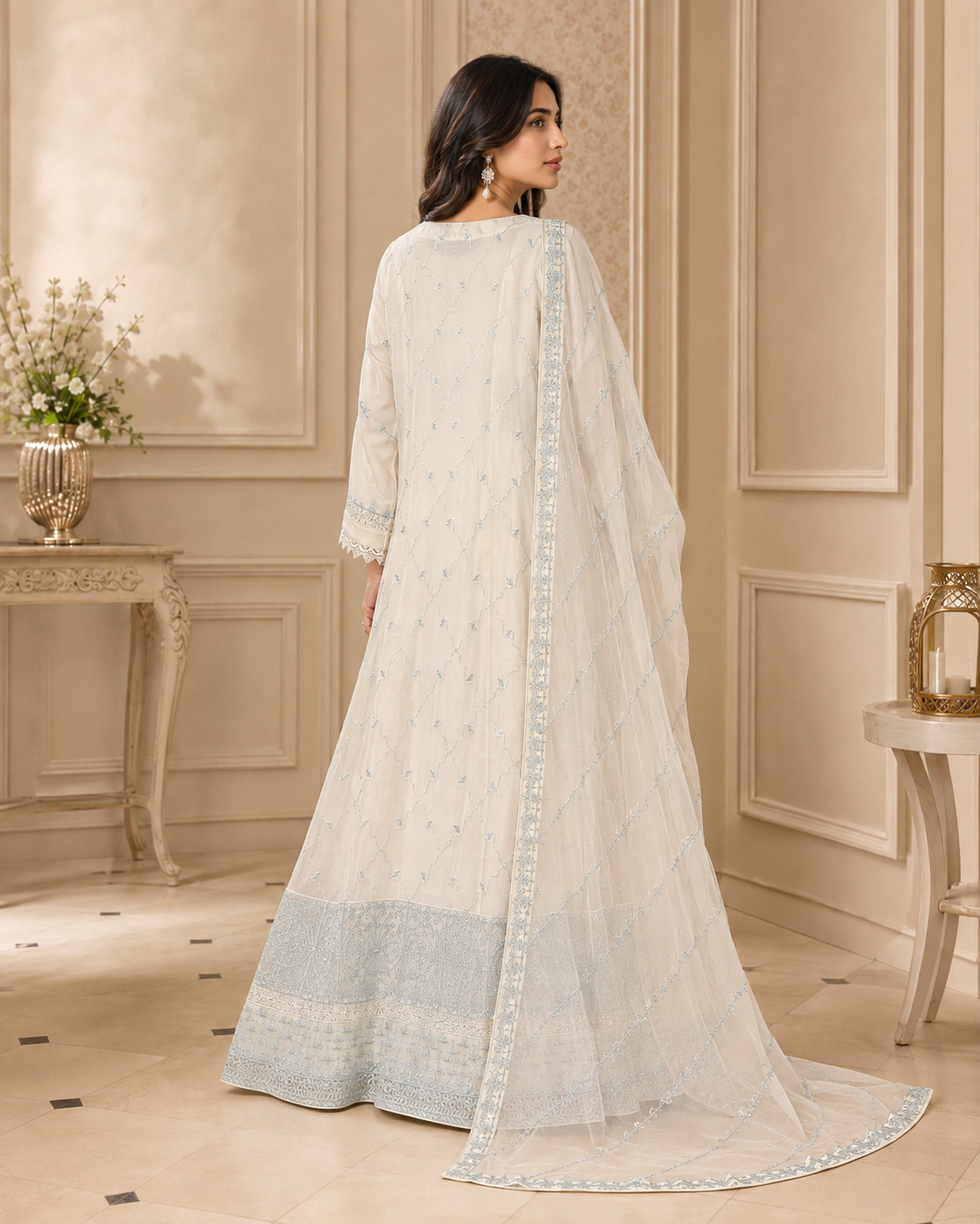 CHM-02 - Ivory Blue - Embroidered Chiffon Full Maxi with Dupatta