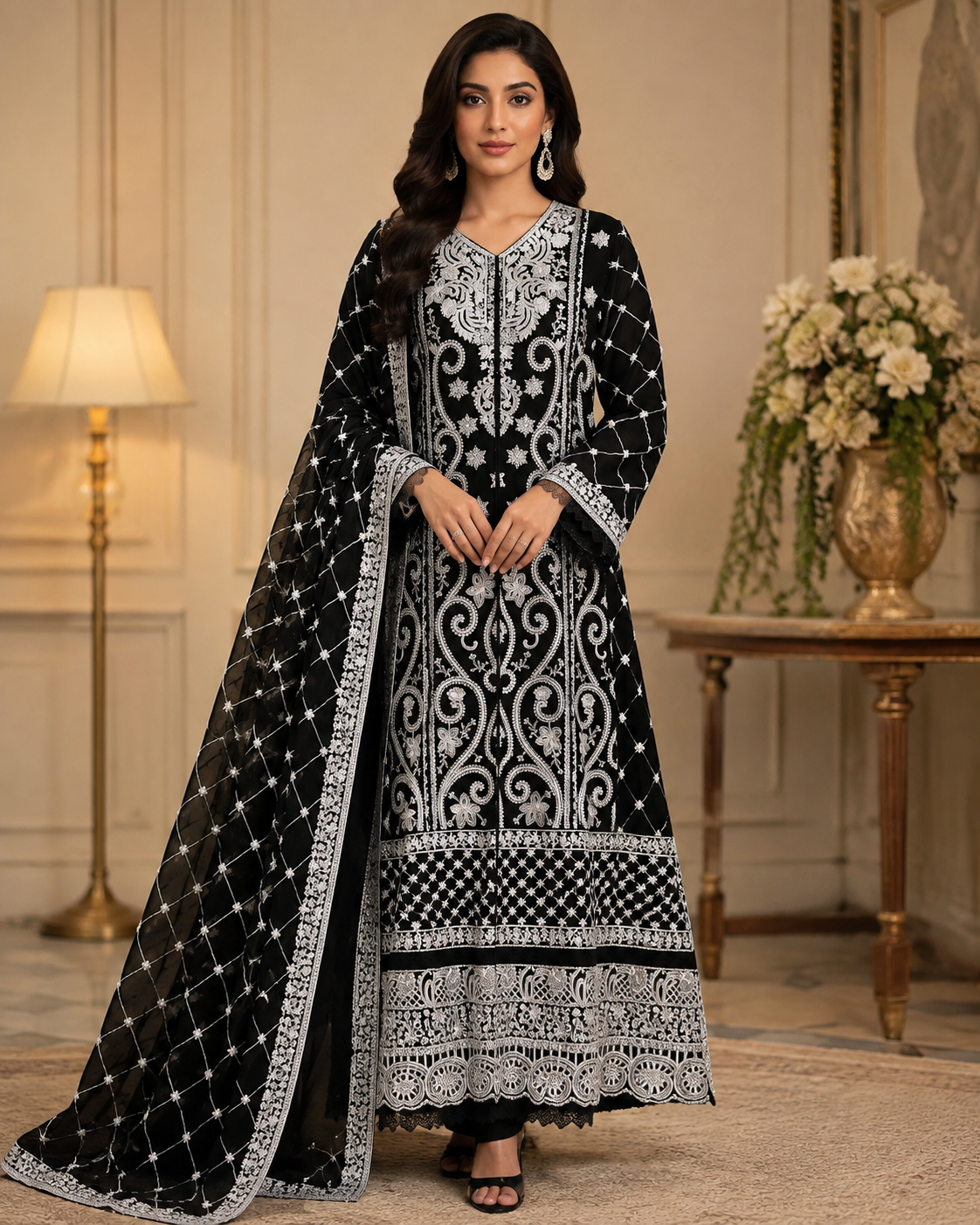 CHM-04 - Black - Embroidered Chiffon Full Maxi with Dupatta