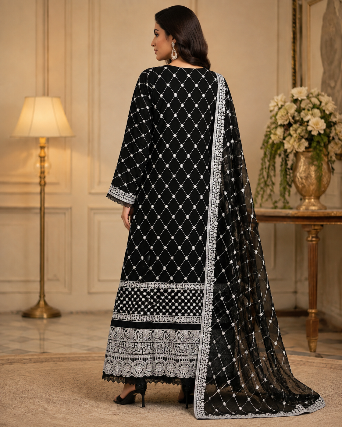 CHM-04 - Black - Embroidered Chiffon Full Maxi with Dupatta
