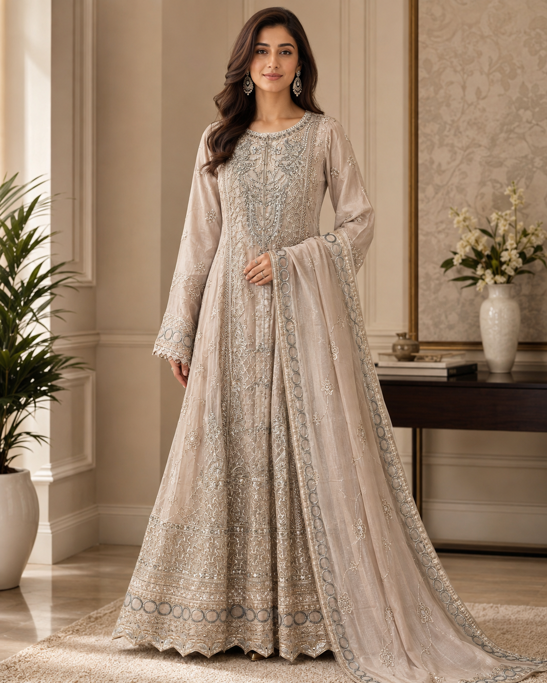 CHM-03 - Taupe - Embroidered Chiffon Full Maxi with Dupatta